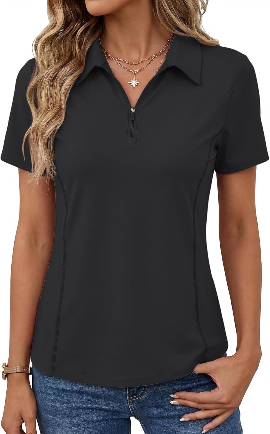 LOMON Women’s Short Sleeve Athletic Polo Shirt High Performance Stretch Quarter Zip Top for Golf Tennis