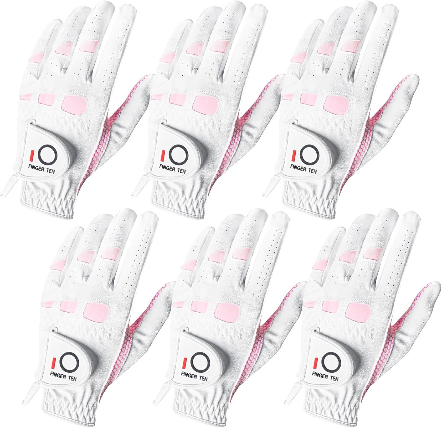 FINGER TEN Women’s Golf Gloves Ladies Left Hand Right Handed Golfer Value 6 Pack, All Weather Rain Grip Glove Pink Fit Small Medium Large XL