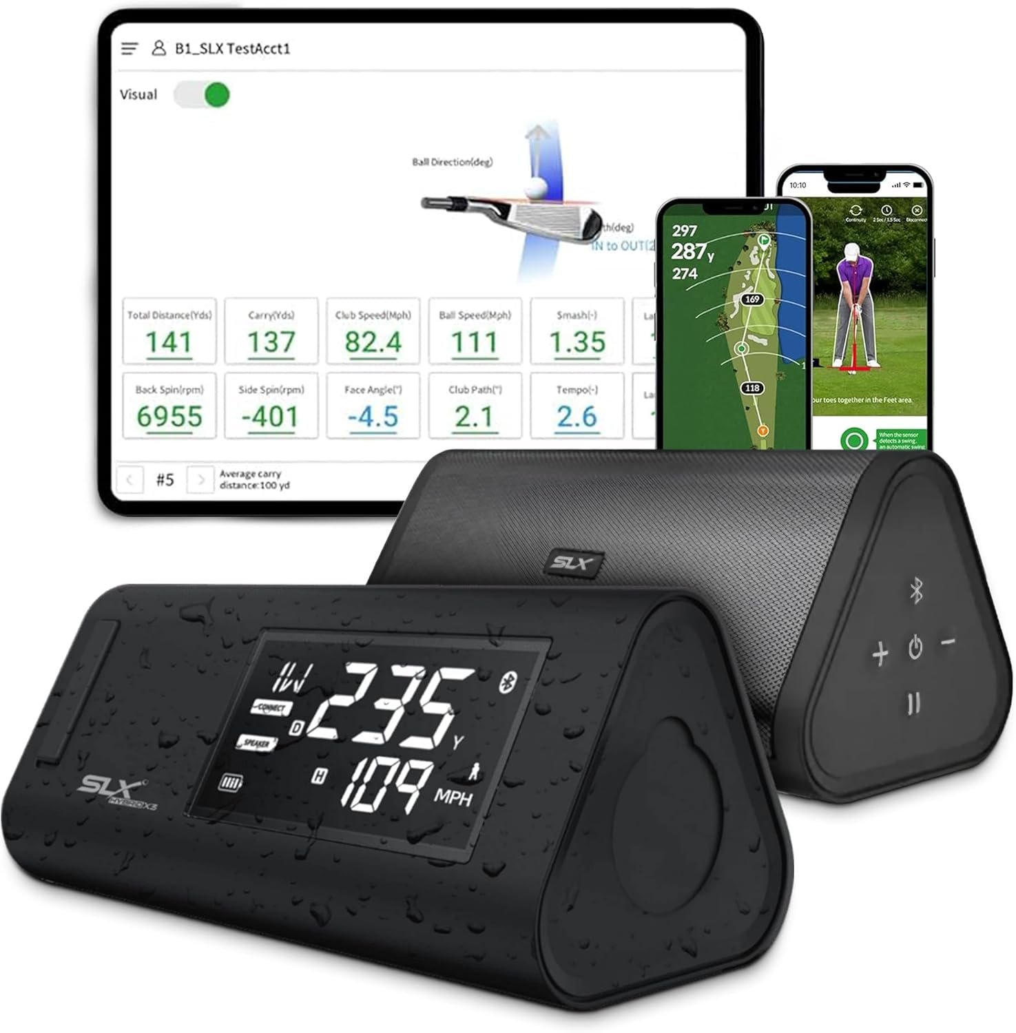 SLX Hybrid Launch Monitor – Effectively Track Your Ball Speed, Club Speed, Distance and Smash Factor – Portable Golf GPS Device via Bluetooth, Golf Radar Swing Speed Trainer (Pro)