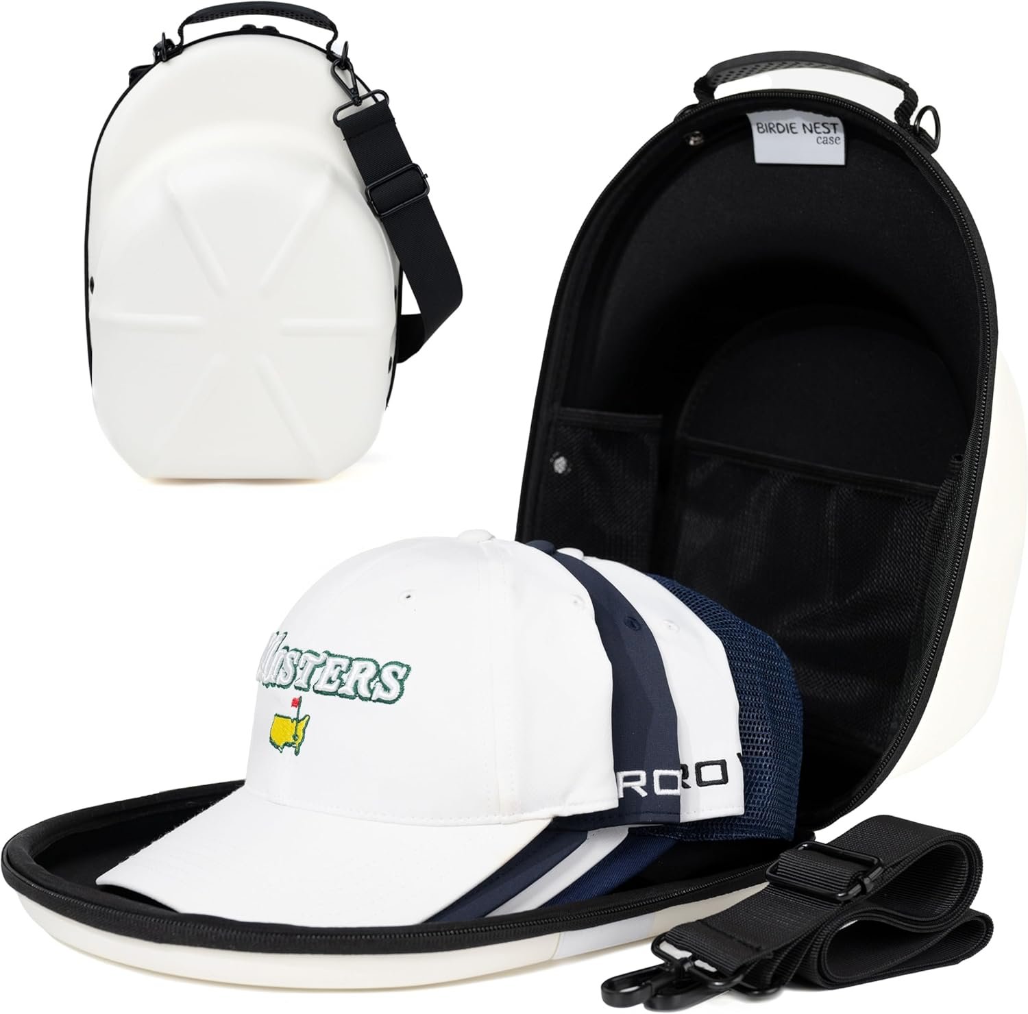 Golf Hats Baseball Caps Travel Case – Hat Carrier & Organizer | White Hard-Shell | Fits 6 Caps | Protect Hats | Ventilated EVA, Double Zipper, Handle & Strap