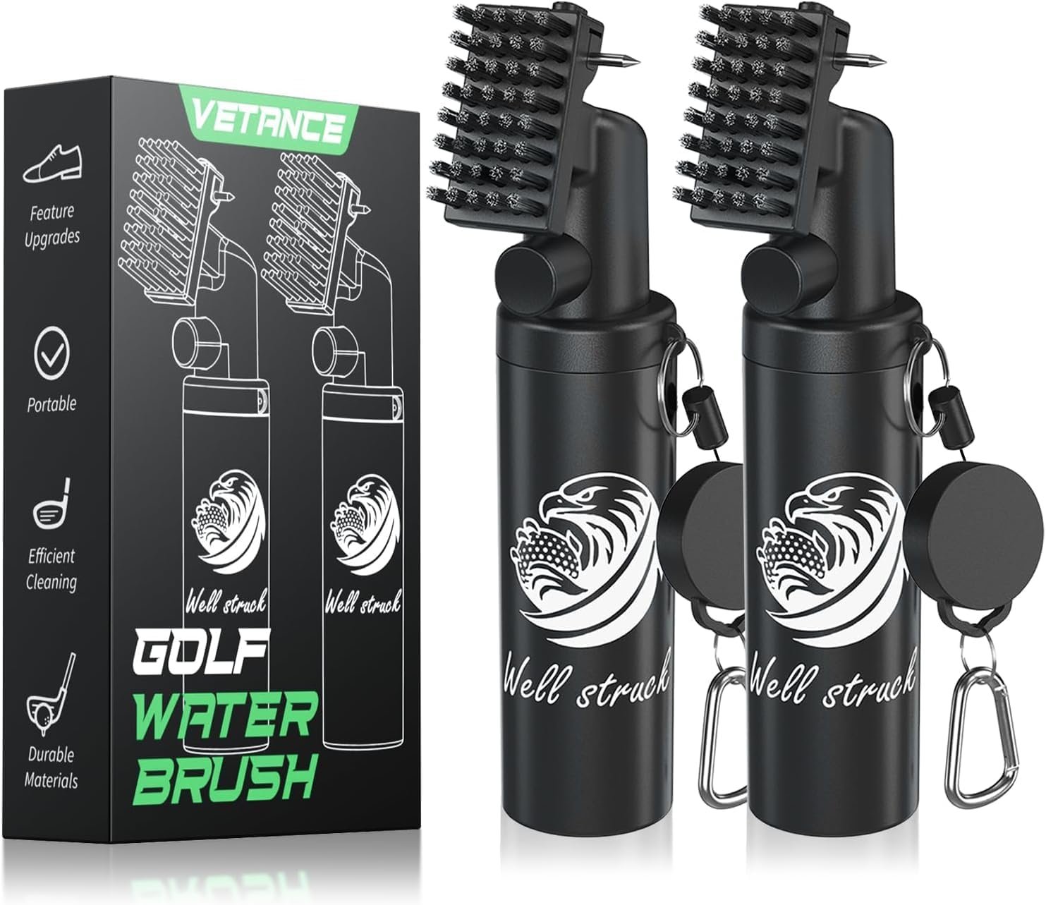 Vetance 2 Pack Pro Golf Club Cleaner – 4oz Water Bottle with Groove Cleaner and Retainer Clip, Durable Nylon Bristles for Easy Cleaning, Ergonomic Button Design, Golf Gifts for Men (Black)