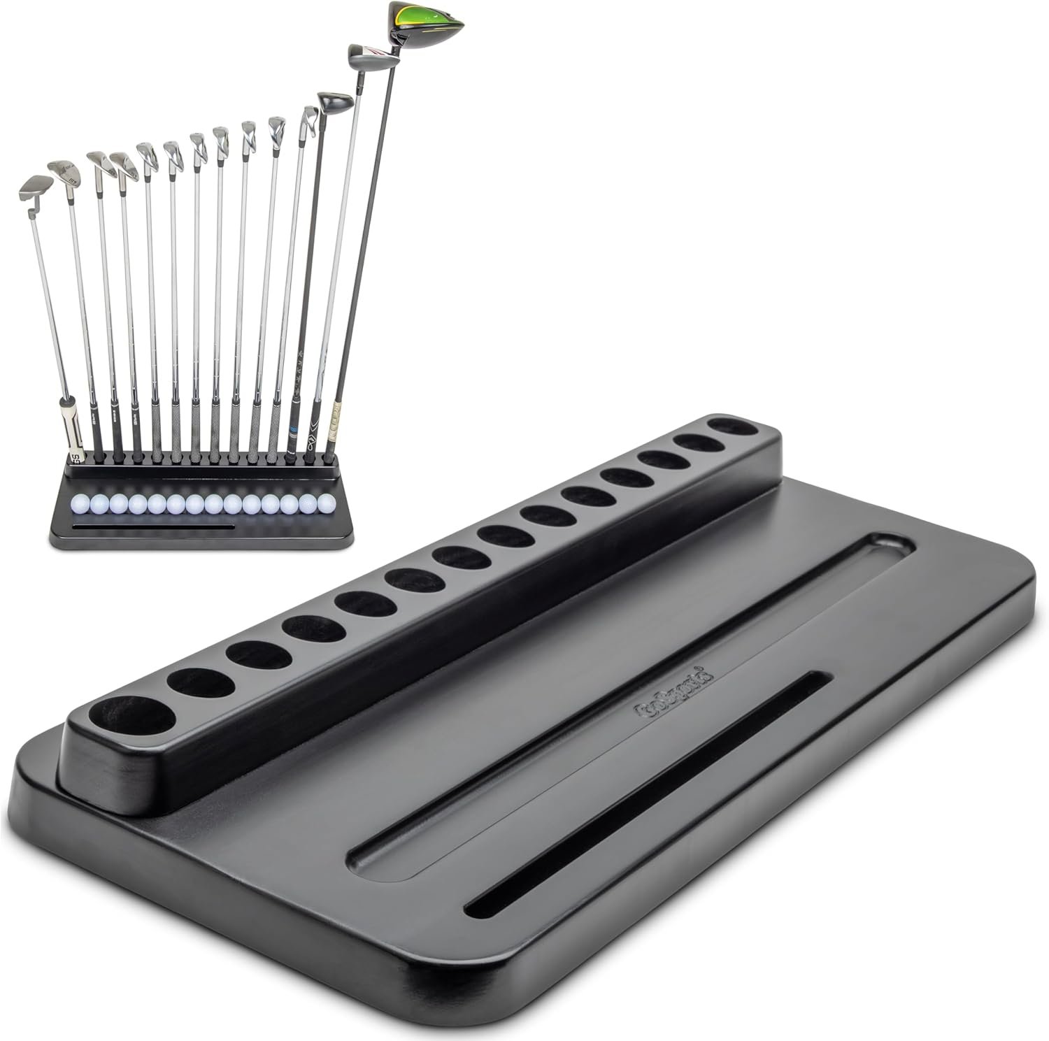 GoSports Premium Wood Golf Club Holder Stand – 14 Club Display Organizer with Ball Storage and Phone/Tablet Slot for Golf Simulators