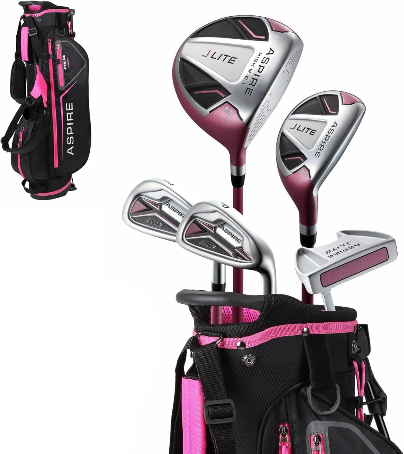 Aspire X-Lite Super Performance Junior Golf Club Set – Right-Handed Kids Golf Set with Driver, Hybrid, 7 Iron, Putter, Stand Bag & Headcovers