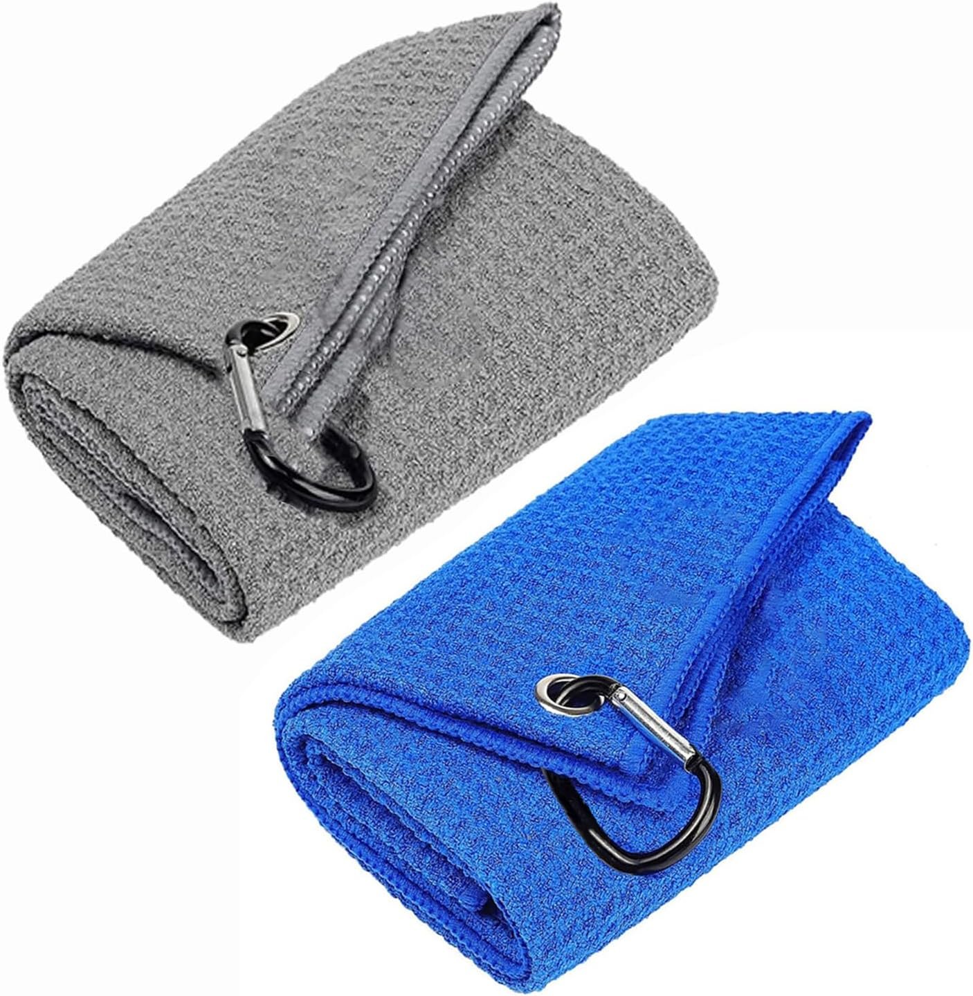2Pcs Tri-fold Golf Towels Set Absorbent Cleaning Towels Microfiber Waffle Pattern with Carabiner Clip for Hanging on Golf Club Bag(11.8”x11.8”,Blue+Grey)…