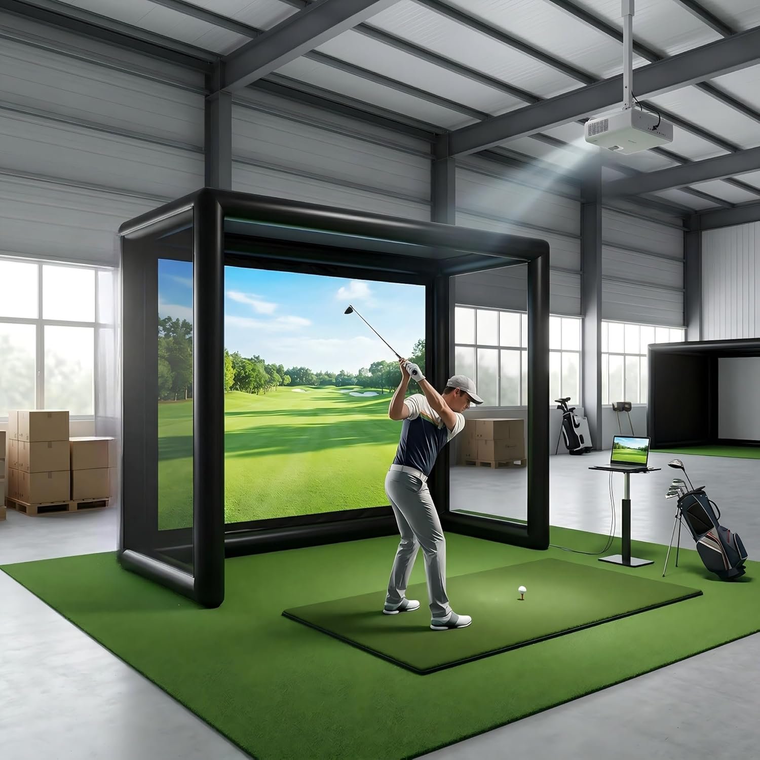 Inflatable Golf Simulator Enclosure 1.5m(L) x3.5m(W) x2.8m(H), Golf Practice Net with White Projection Screen, Portable Golf Simulator Tent for Indoor/Outdoor/Garage/Office