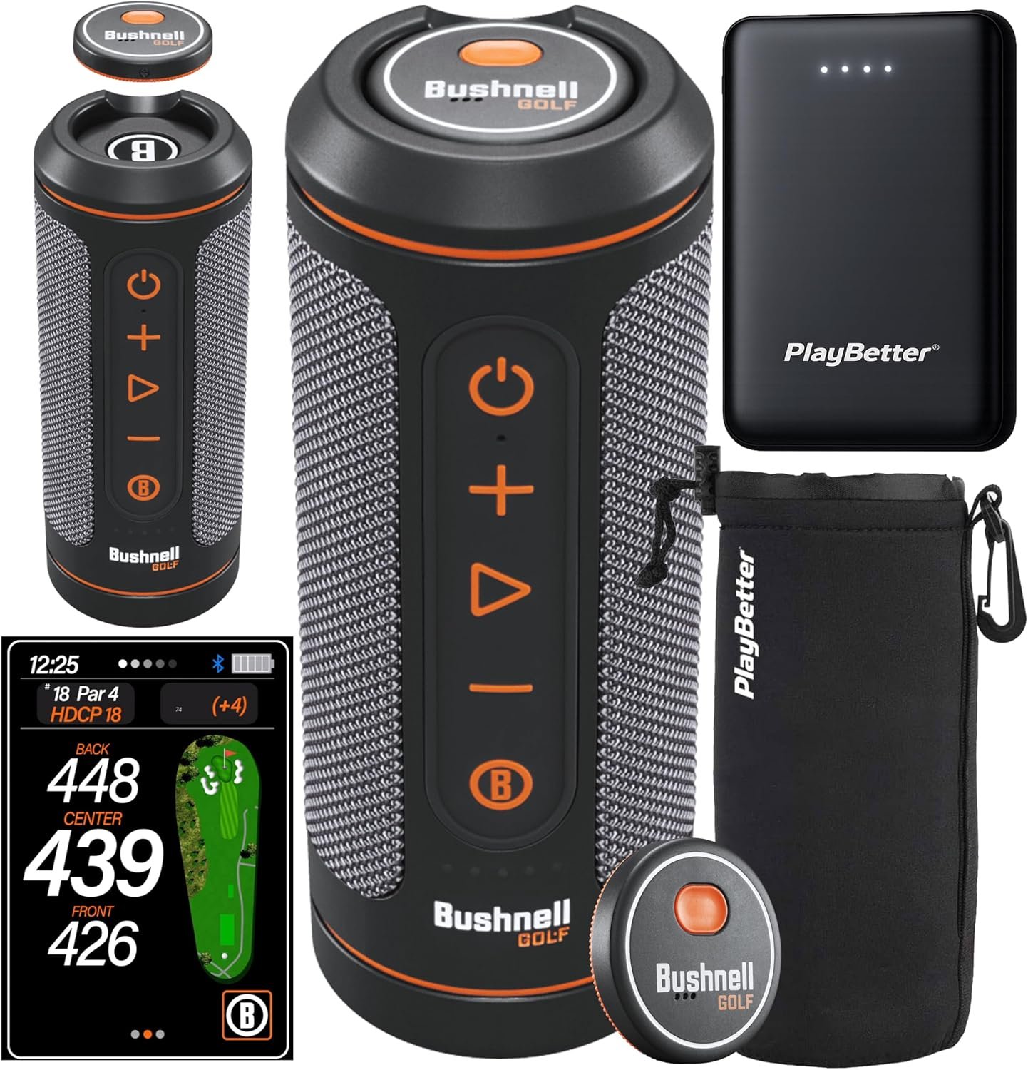 Bushnell Wingman 2 Golf Speaker with GPS – Remote Controlled Voice GPS Distances, Music, 40,000+ Courses, BITE Magnetic Cart Mount – Bundle with PlayBetter Protective Wingman Pouch & Portable Charger