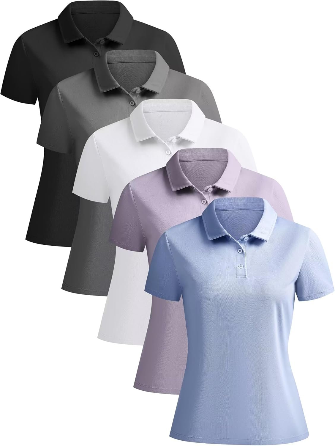 NebuKinex 5 Pack Women’s Polo Shirts Short Sleeve 3 Buttons Collared Uniform Tops Moisture-Wicking T-Shirts for Work & Casual