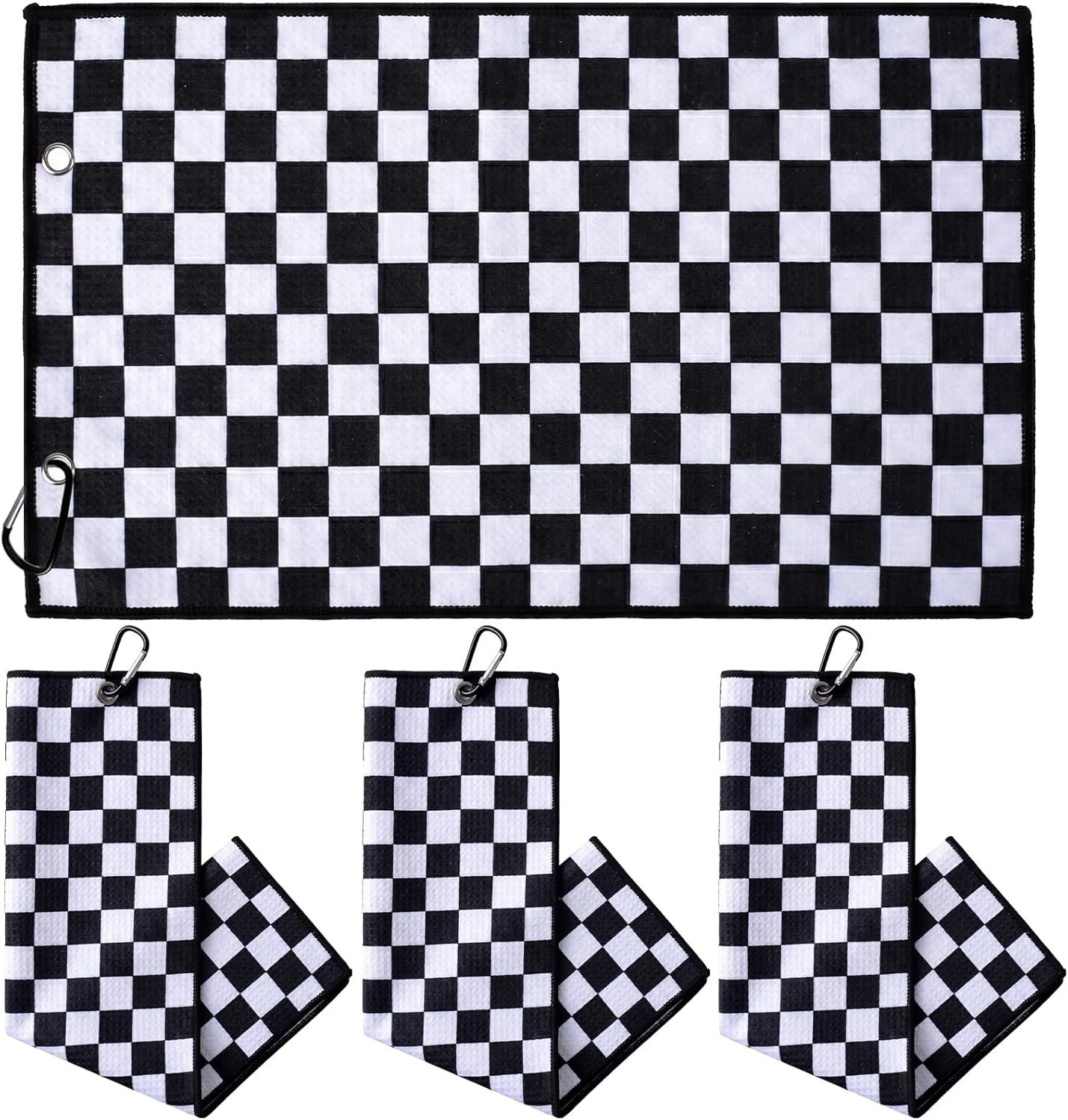 Batiyeer 3 Pack 12″ x 20″ Microfiber Golf Towel with Clip Black & White Checkered Design Microfiber Waffle Golf Towel for Cleaning Ball Club for Women Men Golfers Gifts