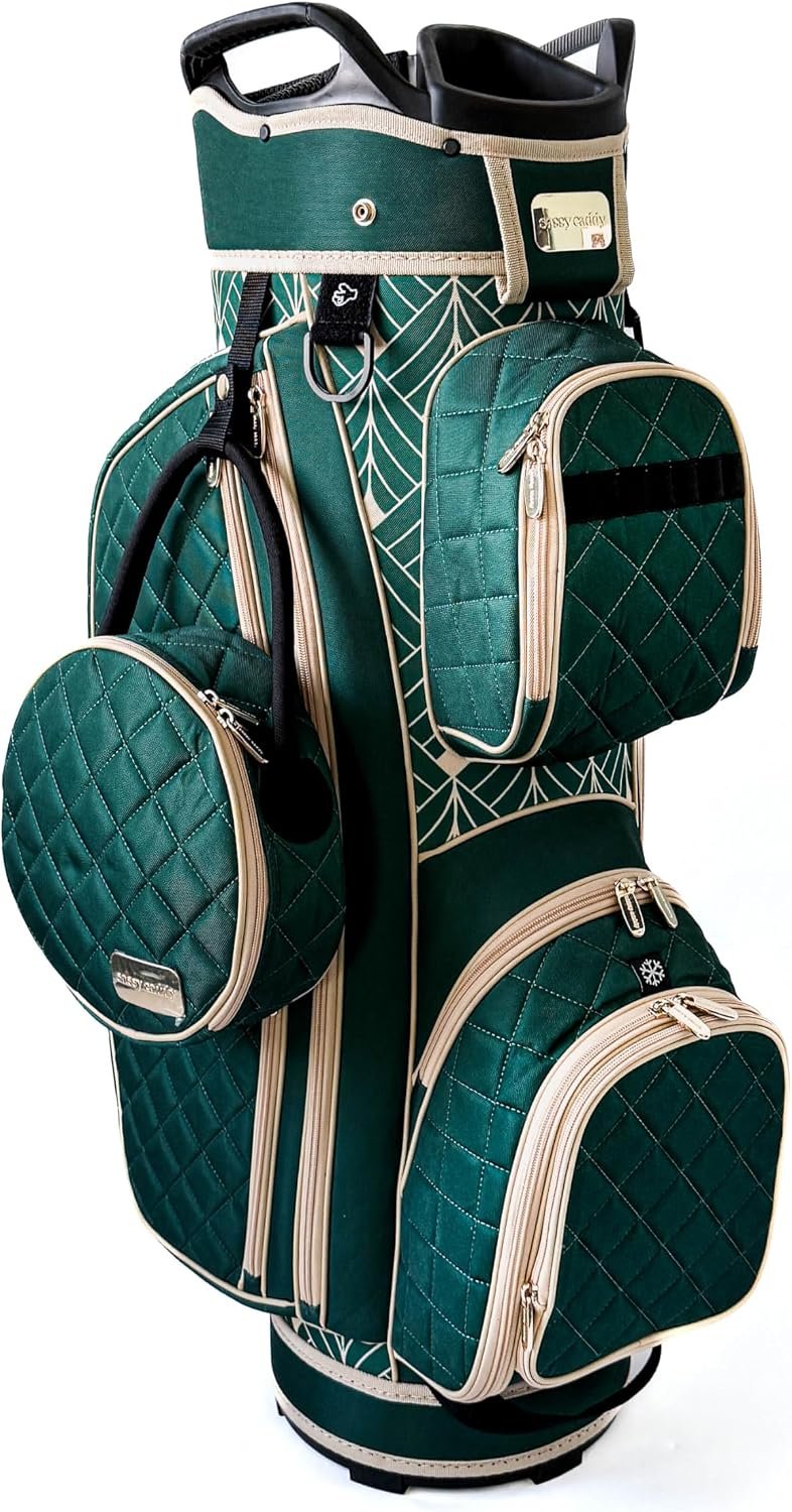 Sassy Caddy Premium Women’s Golf Cart Bag – 14-Way Divider, Cooler Pocket, Full-Length Dividers, Velour Valuables Pocket, Detachable Purse & Rain Hood