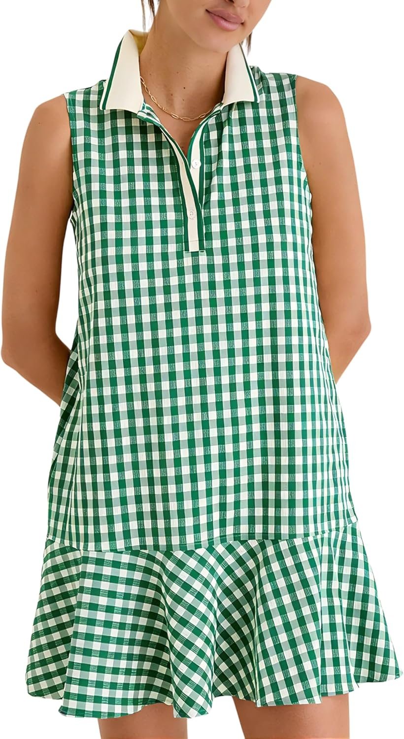 Womens Gingham Polo Dress V Neck Sleeveless Ruffled Hem Mini Dresses Plaid Button Front Tennis Dress