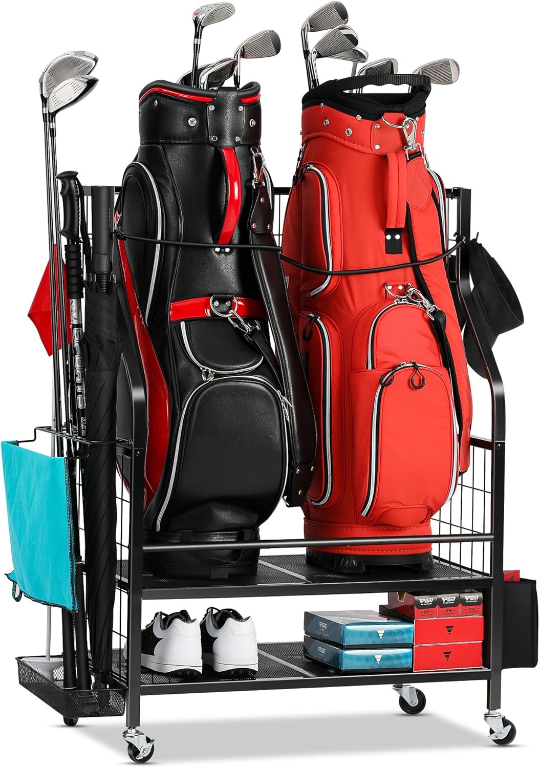 FHXZH Golf Bag Storage Garage Organizer – Golf Bag Stand Fit for 2 Bag, Extra Clubs, Balls, Shoes, and Golf Equipment Accessories, Golf Storage Rack for Garage, Club, Shed