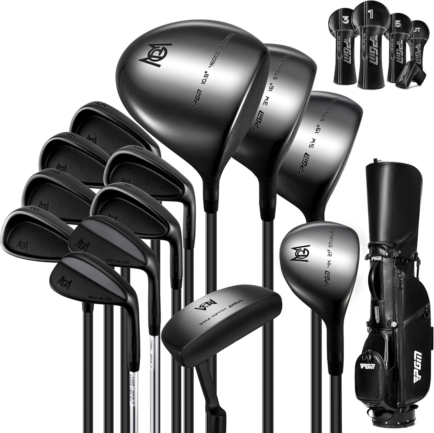 PGM 19 Piece Men’s Complete Golf Club Sets – Ultra-Thin Face Titanium Driver (0.85+ COR), High COR Fairway Woods, Forged Irons, Precision CNC Milled Putter, with Stand Bag – Right Handed