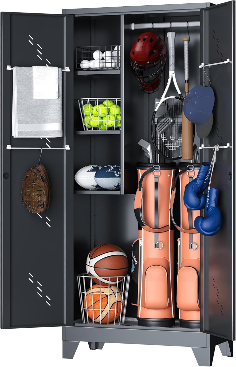Golf Bag Storage Cabinet Fits 2 Bags, Metal Golf Bag Organizer with Lockable Doors, 75″ Sports Equipment Organizer for Garage, Home, Office, Gym