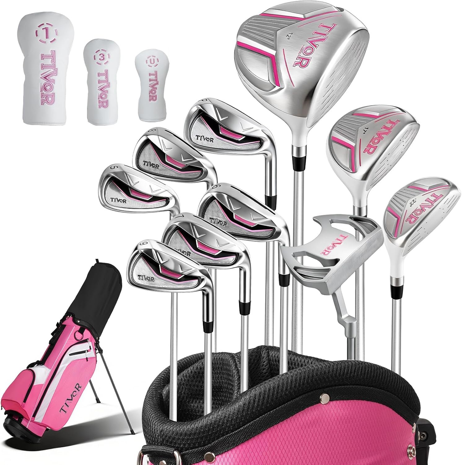 Golf Clubs Set Complete 14-Piece with Driver Fairway Hybrid Irons Putter Stand Bag & 3 Headcovers for Men Women Right Left Handed – Beginner Golf Sets Pink Black