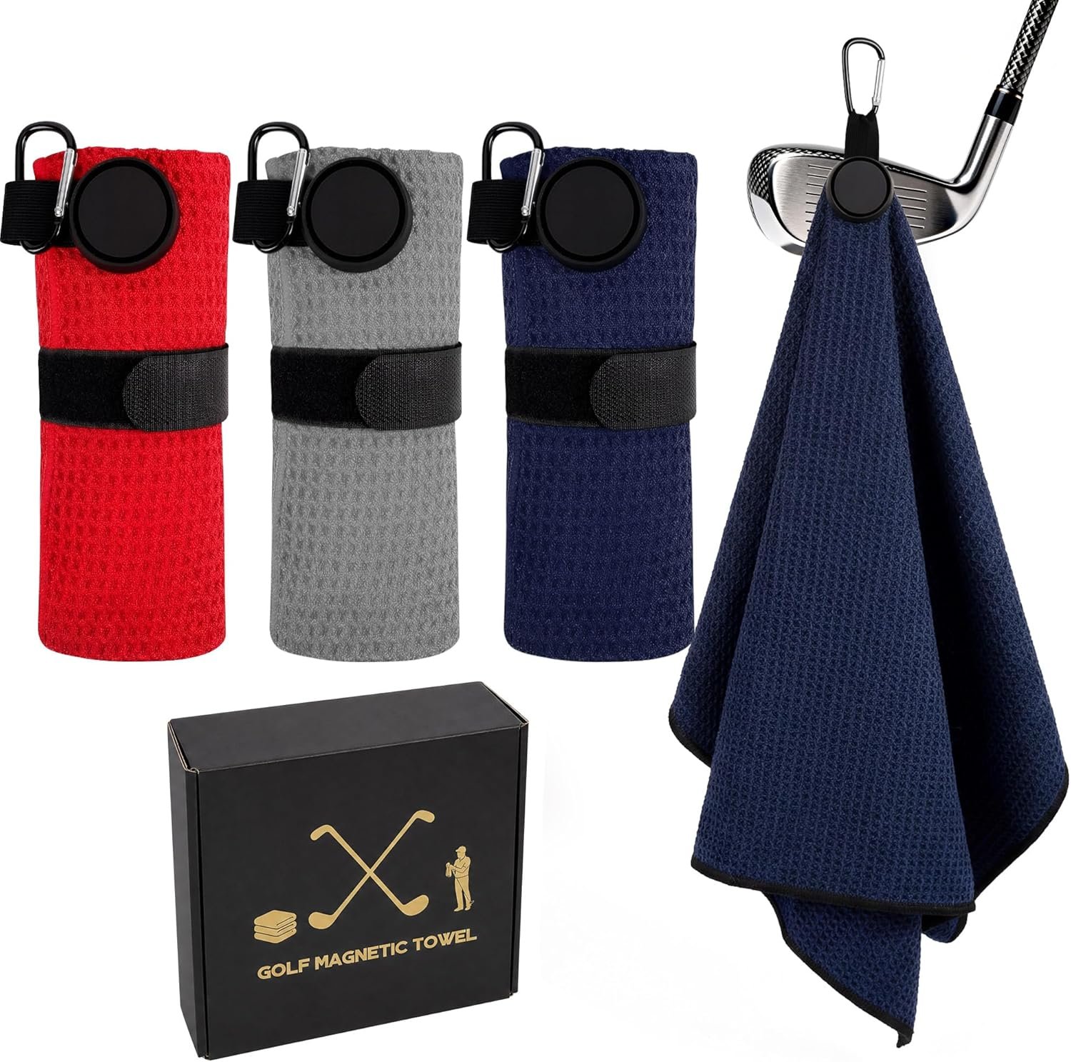 3 Pack Magnetic Golf Towel, Waffle Microfiber Golf Towel Set with Strong Magnet Clip, Ultra Absorbent Golf Towel for Bags Carts Clubs, 15.7 x 23.6 Inches, Golf Gifts for Players & Tournament Use