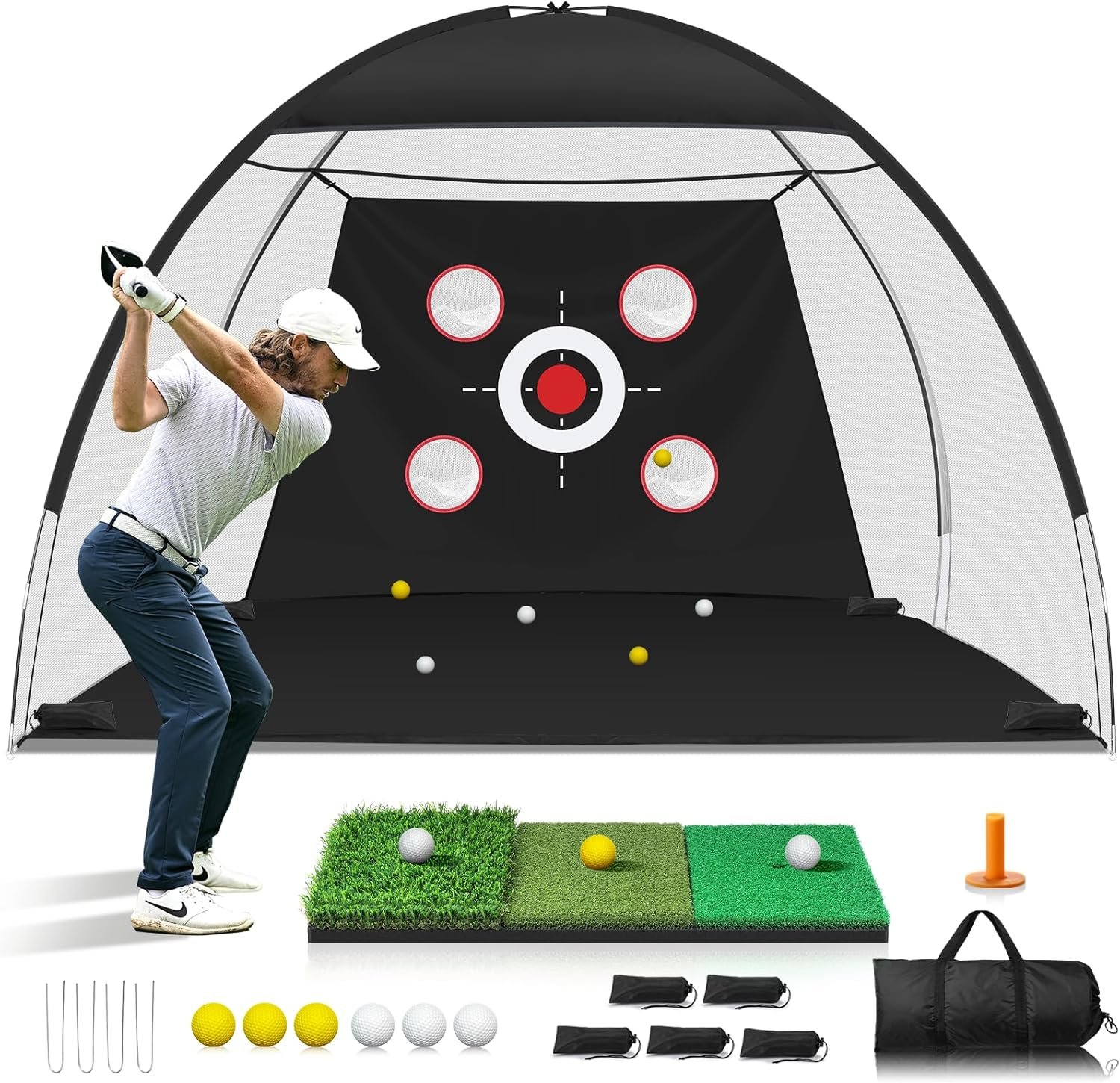 10x7FT Golf Net with Mat, Golf Practice Net for Backyard Garage Indoor Outdoor with Target Pockets for Driving Chipping Swing, for Men Women Dad Husband Golfer, Ideal Gift for Him