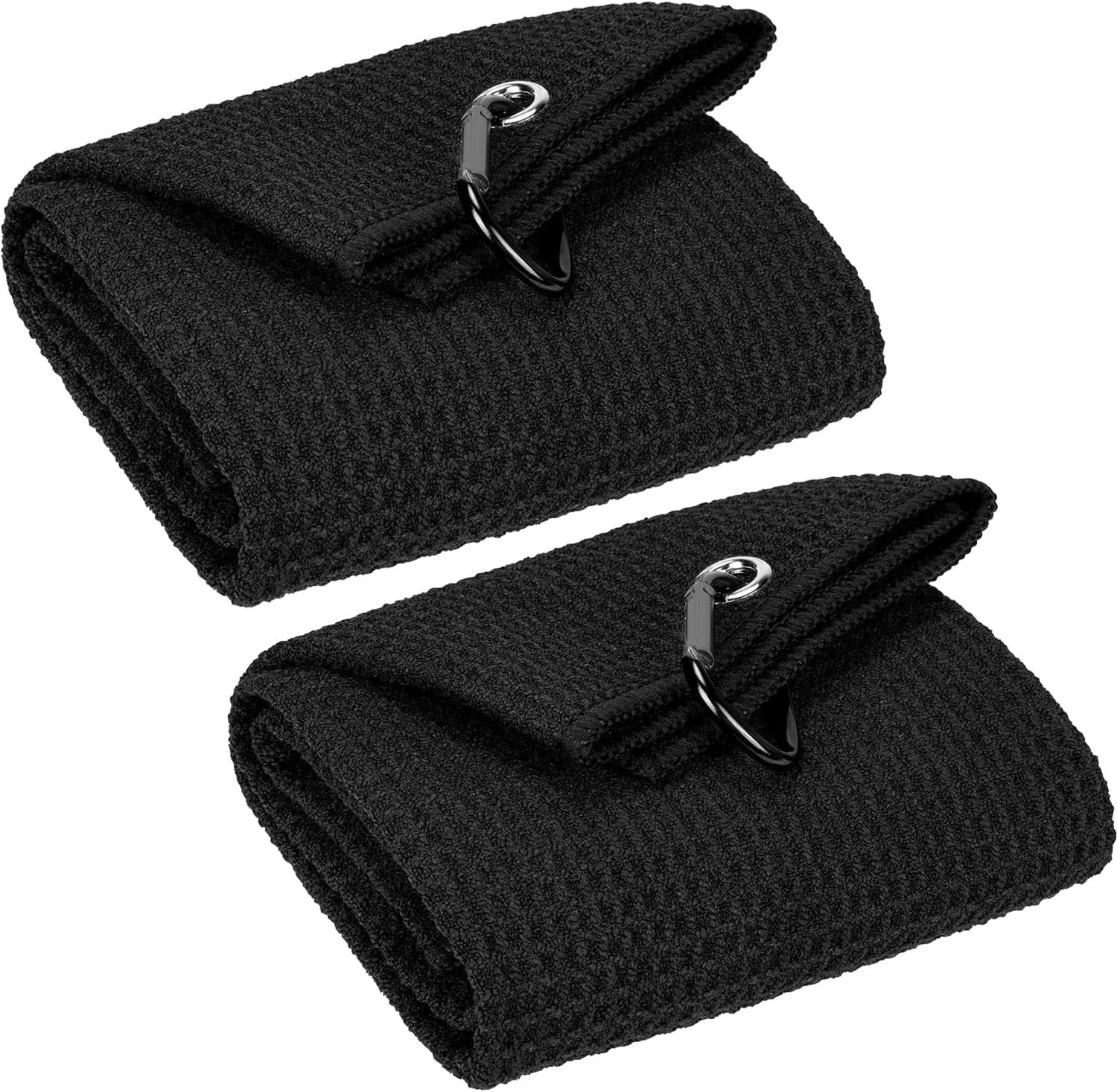 VIVIDLY 2 Pack 16″ x 24″ Tri-fold Golf Towels, Premium Microfiber Fabric Waffle Pattern with Black Heavy Duty Carabiner Clip, Golf Towels for Golf Bags for Men (Black)
