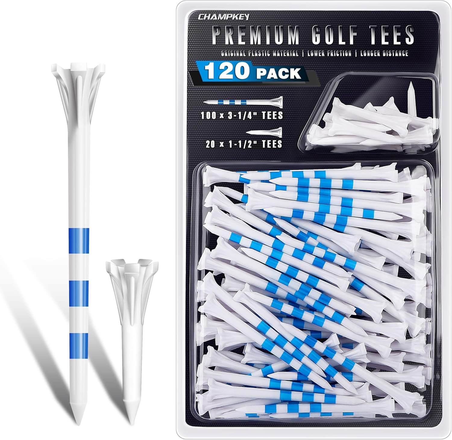 CHAMPKEY Advanced 5-Prong Plastic Golf Tees 120 or 100 Pack – 50% Ball Contact Surface Optimization with Longer Distance Performance Golf Tees Plastic