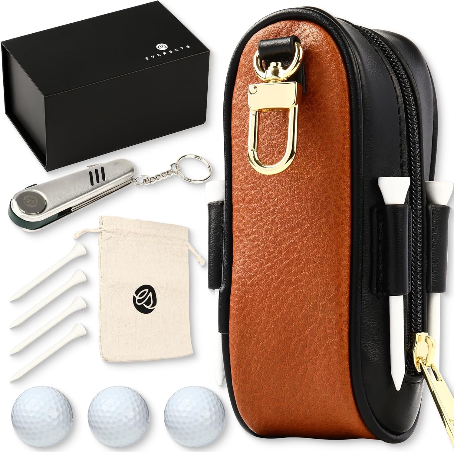 Golf Tournament Gift Set for Men & Women — Luxury Vegan Leather Case, 3 Balls, Tees, Divot Tool & Bag with Hook | Premium Gift for Father’s Day, Birthdays & Tournaments
