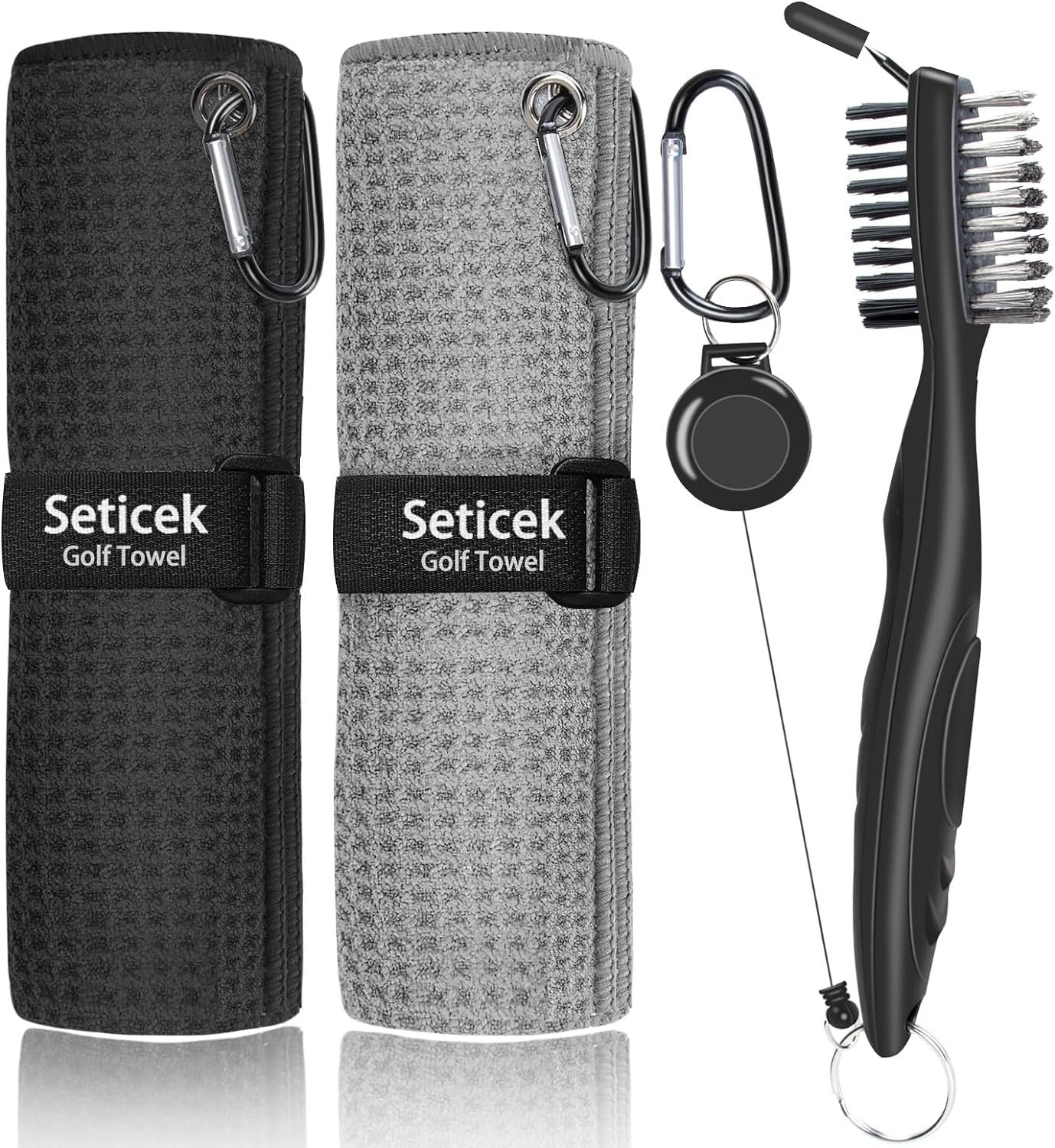 Seticek 2 Pack Golf Towel (16″ X 16″) with Club Brush, Microfiber Waffle Pattern Golf Towels for Golf Bags for Men,Essential Golf Combo Cleaning Kit (Black+Gray)