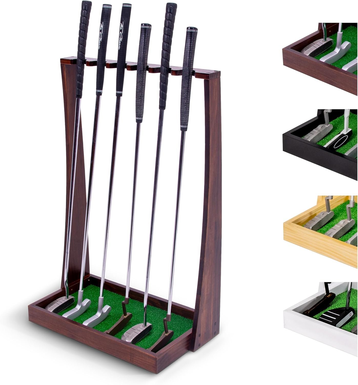 GoSports Wooden Golf Putter Stand – Indoor Golf Club Display Rack Holds 6 Putters & Clubs – Premium Storage Organizer for Home or Office