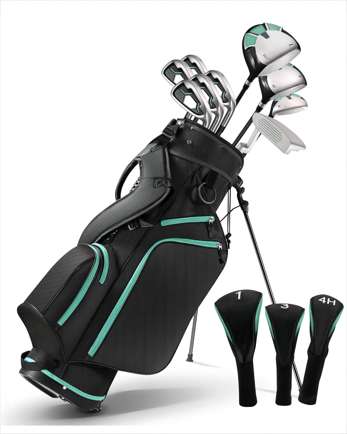 Golf Clubs Set for Women and Men, 9-Piece Complete Golf Club Set with Steel Shafts, Driver Fairway Wood Hybrid Irons Putter, Lightweight Deluxe Stand Bag & 3 Bonus Headcovers, Green