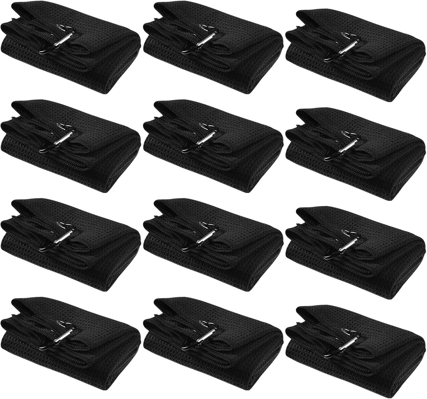 Meanplan 12 Pcs Microfiber Fabric Golf Towel 16 x 23 Inch Tri Fold Towels for Golf Bags with Heavy Duty Clip Waffle Pattern Towel for Men Women Club Gifts
