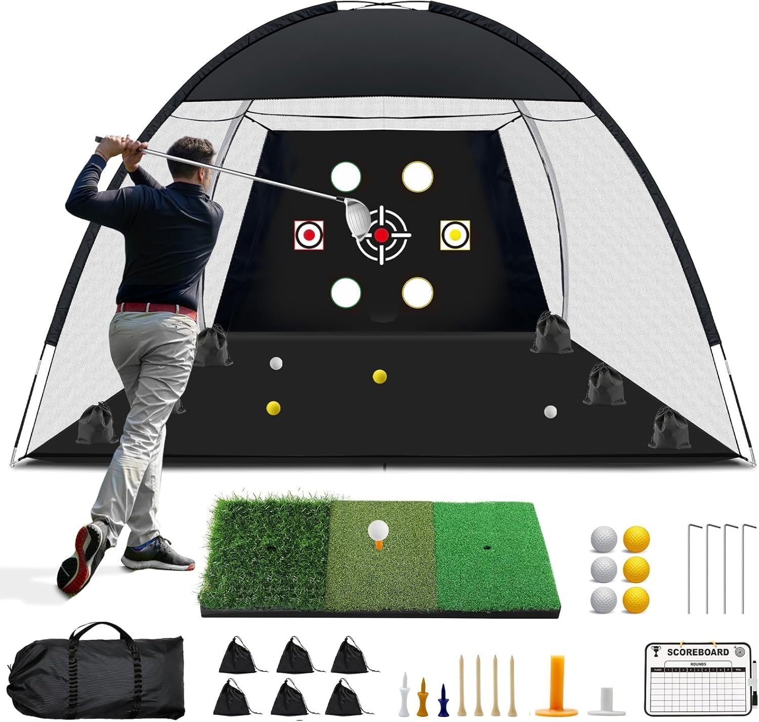 Golf Net, 10×7 Ft Practice Hitting Golf Net with Tri-Turf Mat, Ball, Tee, and Carring Bag, All-in-One Multi-Target Training Aid for Outdoor/Indoor Chipping & Driving, Ideal Gift for Men/Enthusiasts