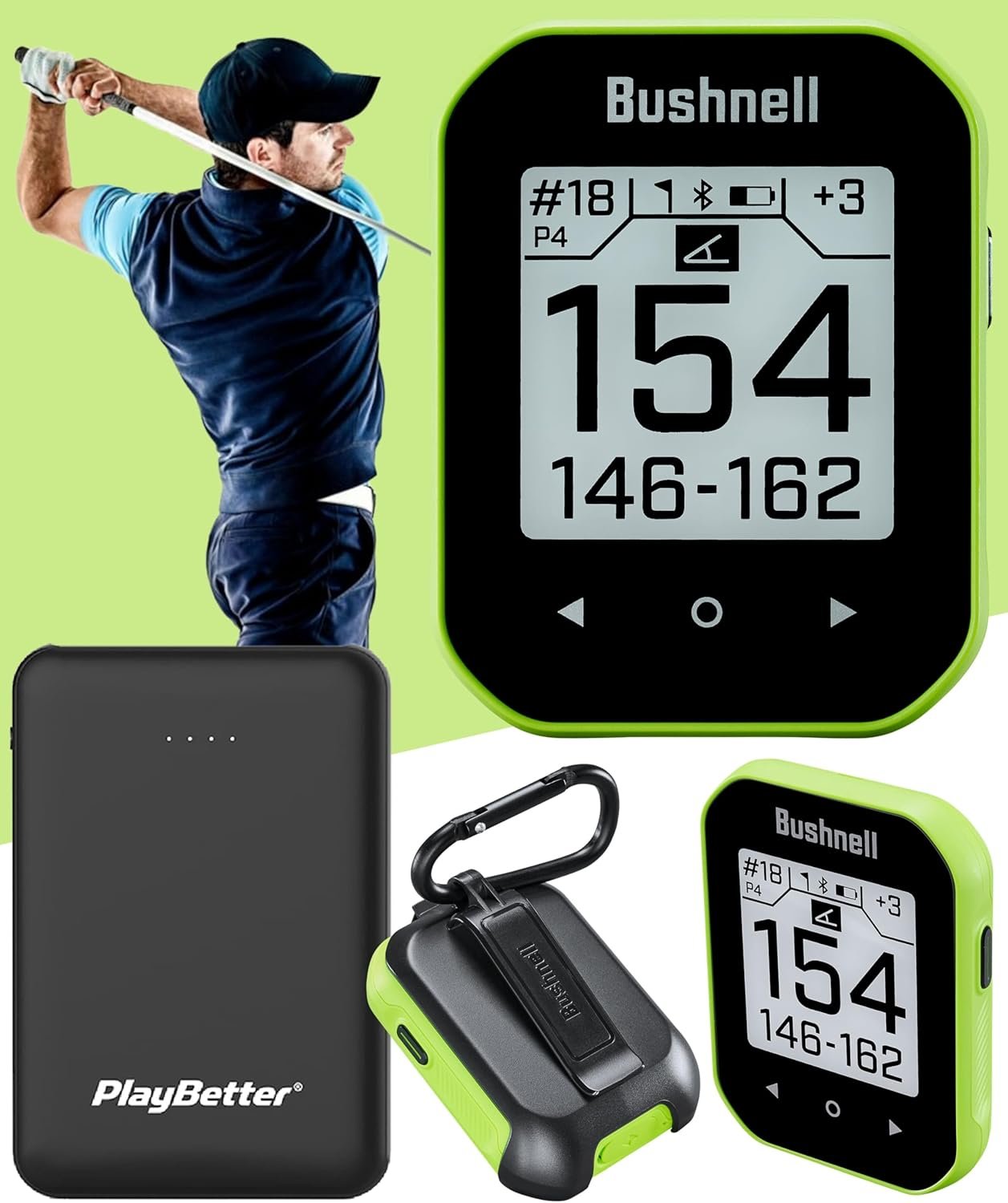 Bushnell Phantom 3 (Green) Slope Golf GPS Handheld Bundle – Touchscreen, Auto Course & Hole Recognition, Auto-Prompt Score Entry with PlayBetter Portable Charger, Belt Clip & Carabiner