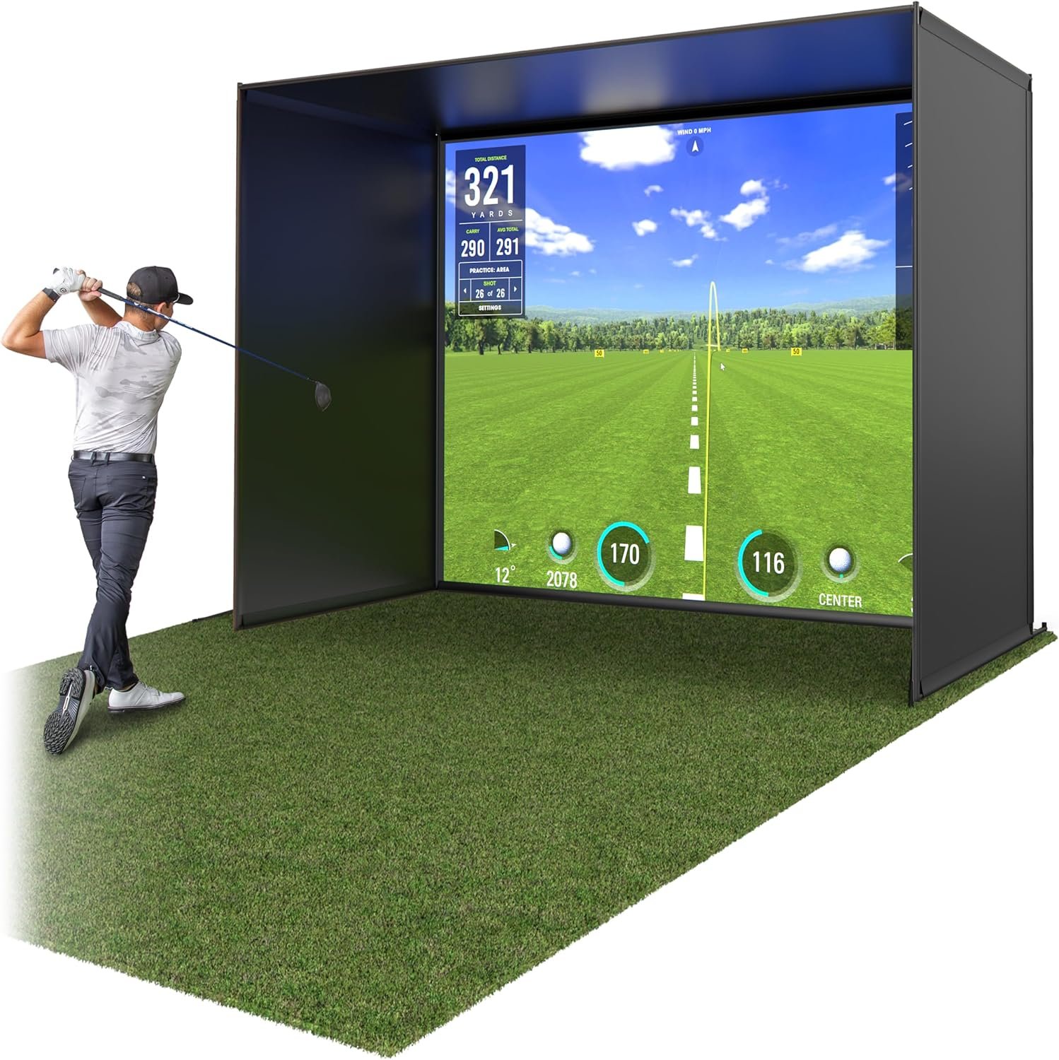 GoSports Golf Simulator Enclosure Nets – Complete Set with Frame and HD Impact Screen Kit – Indoor At Home Golf Training Equipment – Choose 10×8 ft, 12×9 ft, or 14×8 ft