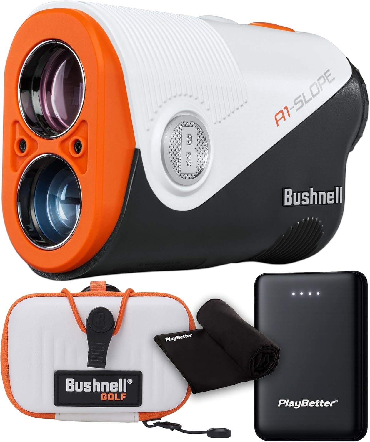 Bushnell A1-Slope Golf Laser Rangefinder Bundle – Ultra-Compact, Tour-Trusted Slope Technology, 6X Magnification, PinSeeker with JOLT with PlayBetter Portable Charger & Microfiber Towel