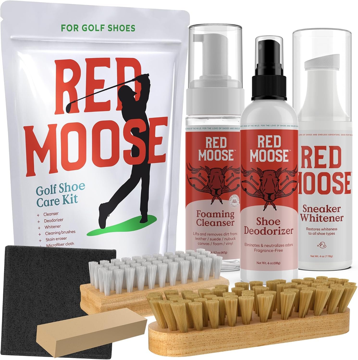 RED MOOSE 7 Piece Golf Shoe Cleaning Kit with White Sneaker Cleaner (Whitener), Foaming Shoe Cleaner, Deodorizer, Stain Eraser, Microfiber Cloth, 2 Brushes & Storage Bag – Golf Gifts for Men & Women