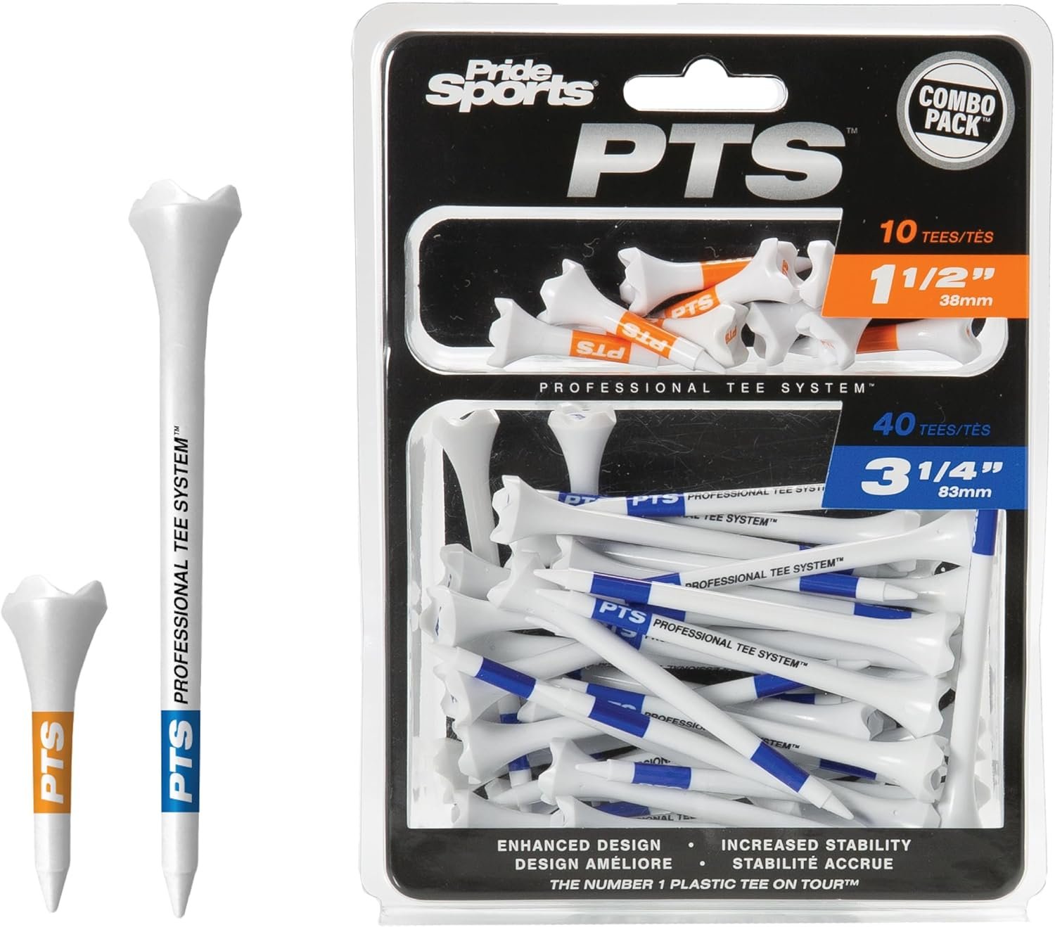 PrideSports PTS Plastic Golf Tees | Combo 50 Pack – 40 3-1/4” and 10 1-1/2” | #1 Plastic Tee on Tour | The Perfect Tee for Any Hole