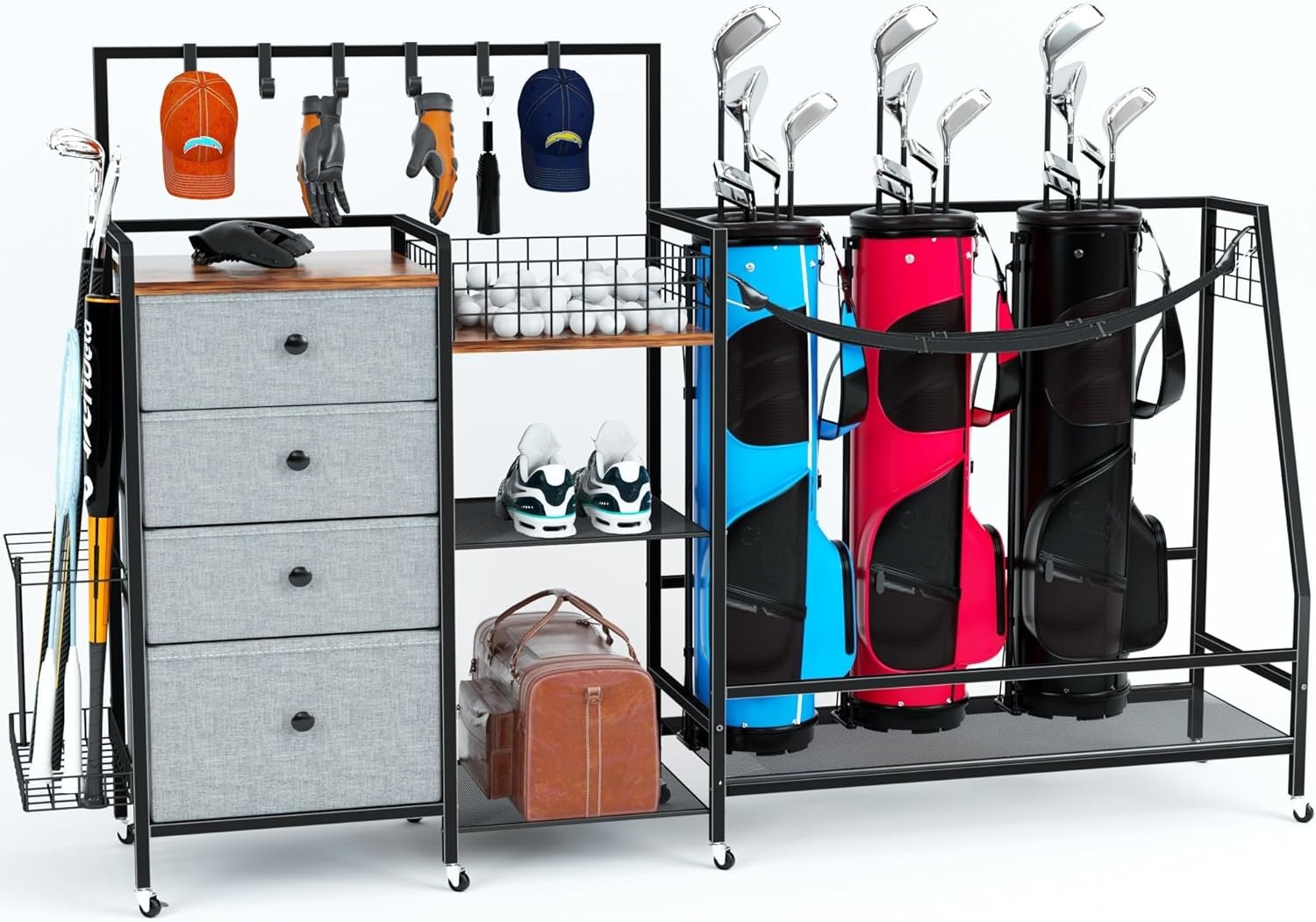 DALEMHOME Golf Bag Storage Rack for Garage, Extra Large 70.07″ Golf Organizer Fits 3 Golf Bags, Heavy Duty Metal Golf Equipment Storage Stand with 4 Drawers, Side Basket and Lockable Casters