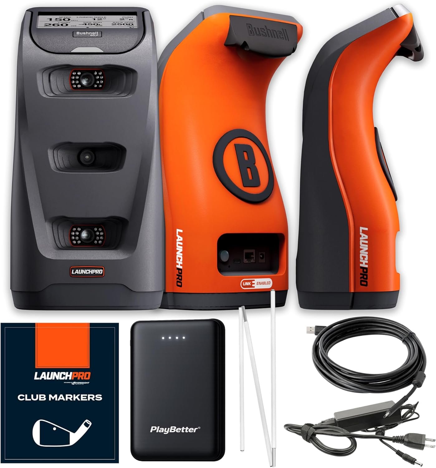 Bushnell Launch Pro Circle B Edition Golf Launch Monitor Bundle – Tour-Level Accuracy for Indoor & Outdoor Use with PlayBetter Portable Charger, USB Cables, Club Marker Pack & More