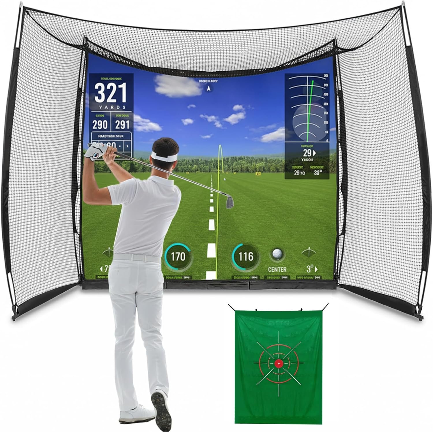 Golf net,Golf Impact Screen,Golf Simulator Enclosure,11x8Ft Golf Hitting Cage,Equipped with Blank Simulator Screen and Green Target Cloth