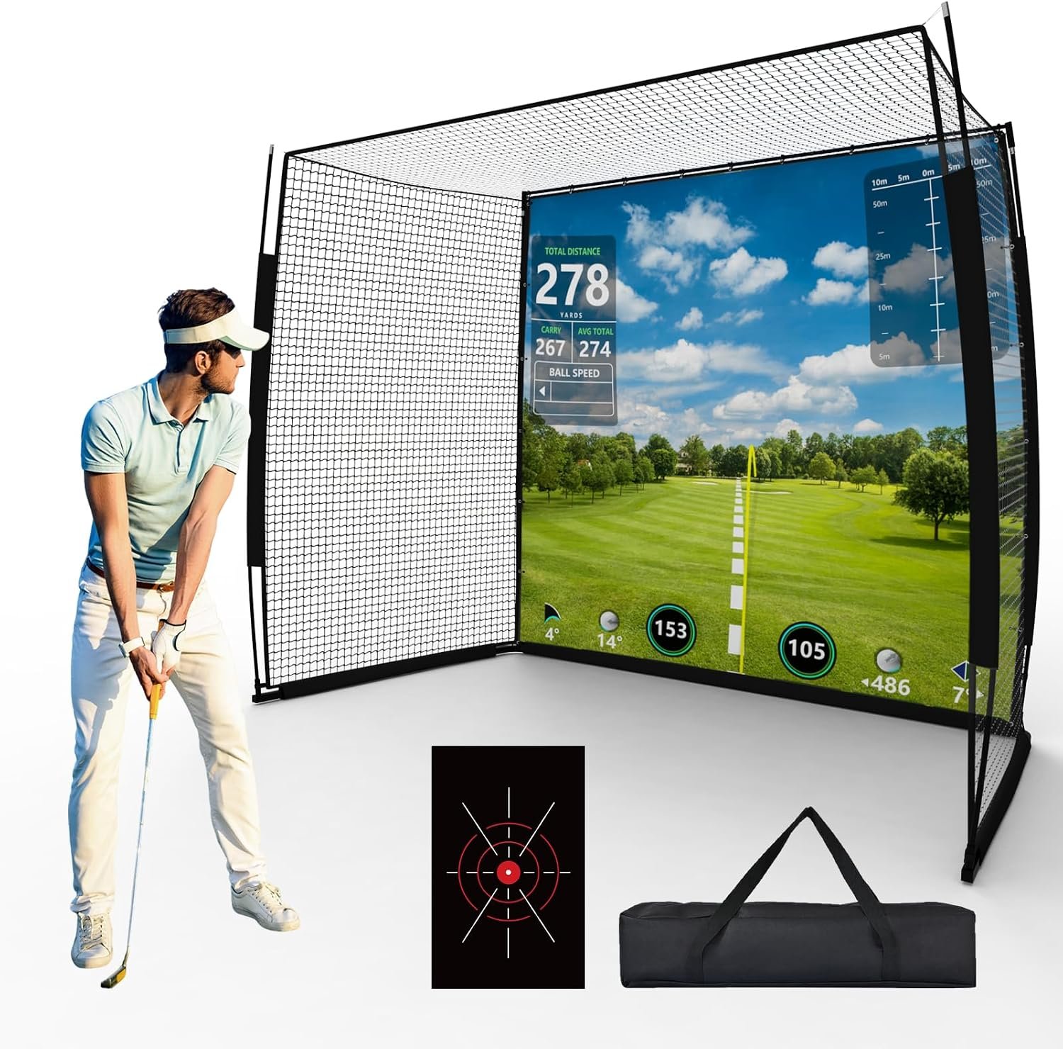 Golf Simulator Impact Screen Enclosure with Net & Target (Projector not Included) – Golf Practice Cage with 270° Protection, Easy Setup to Use for Indoor Outdoor Home Garage Basement
