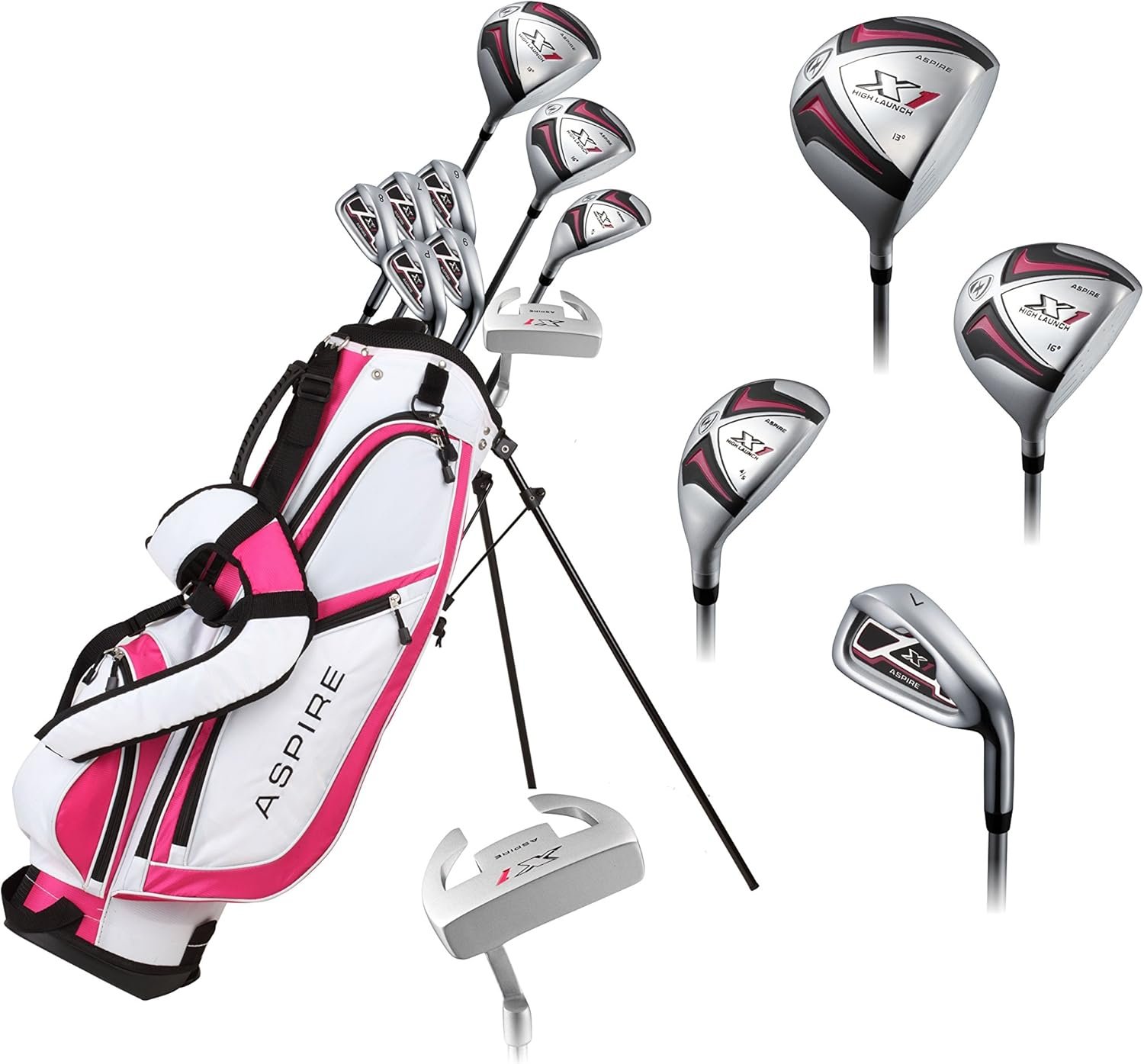 Aspire X1 Ladies Complete Right Handed Golf Club Set | Complete Regular & Petite Womens Golf Clubs Set | with 3 HC’s, Lightweight Shafts & Spacious Stand Bag w/Storage Pockets & Dual Carrying Straps