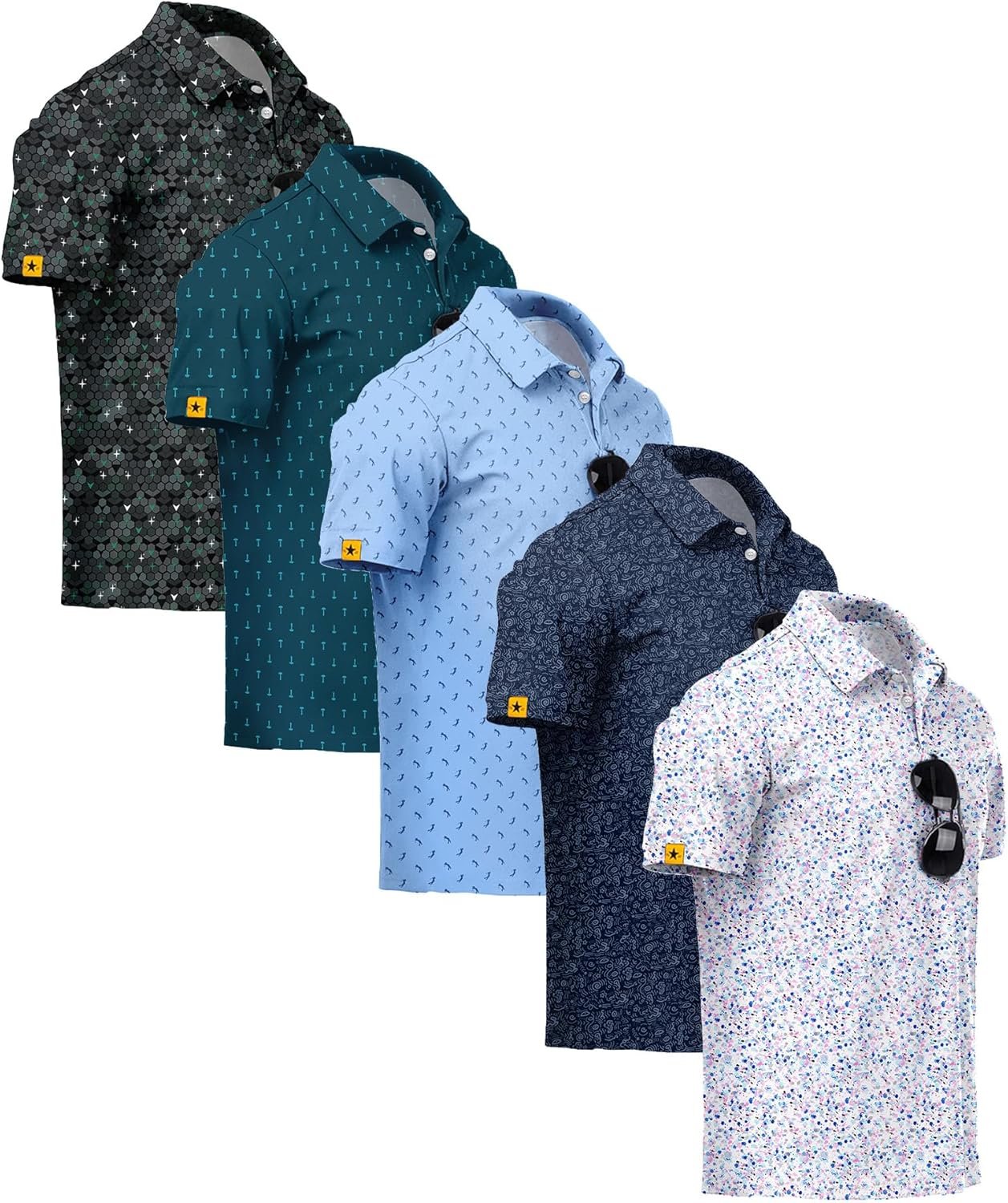 ZITY 5 Pack Mens Golf Shirt Short Sleeve UPF 50+ Moisture Wicking Performance Print Patterns Casual Golf Polo Shirts for Men