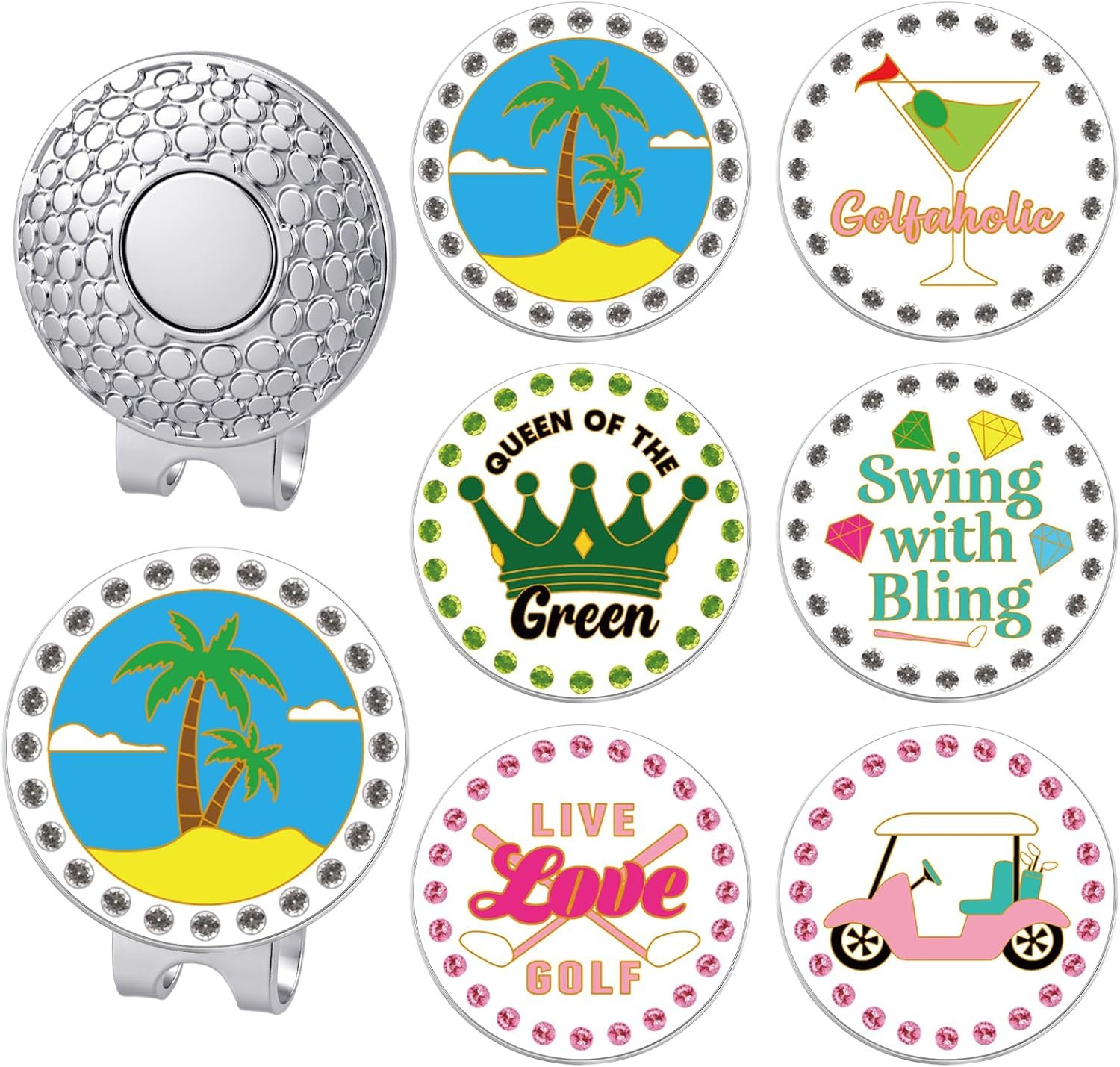 AmazingSpark Golf Ball Markers with Magnetic Hat Clip Funny Bling Golf Ball Markers Divot Tool Accessories Removable Attaches Easily to Hat Gifts for Women Men Sport Players