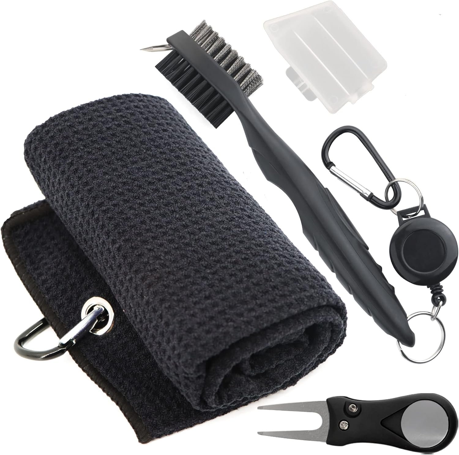 Golf Accessories Kit – Microfiber Waffle Pattern Golf Towel with Clip, Club Brush Groove Cleaner & Clip, Divot Tool with Marker – For Men & Women