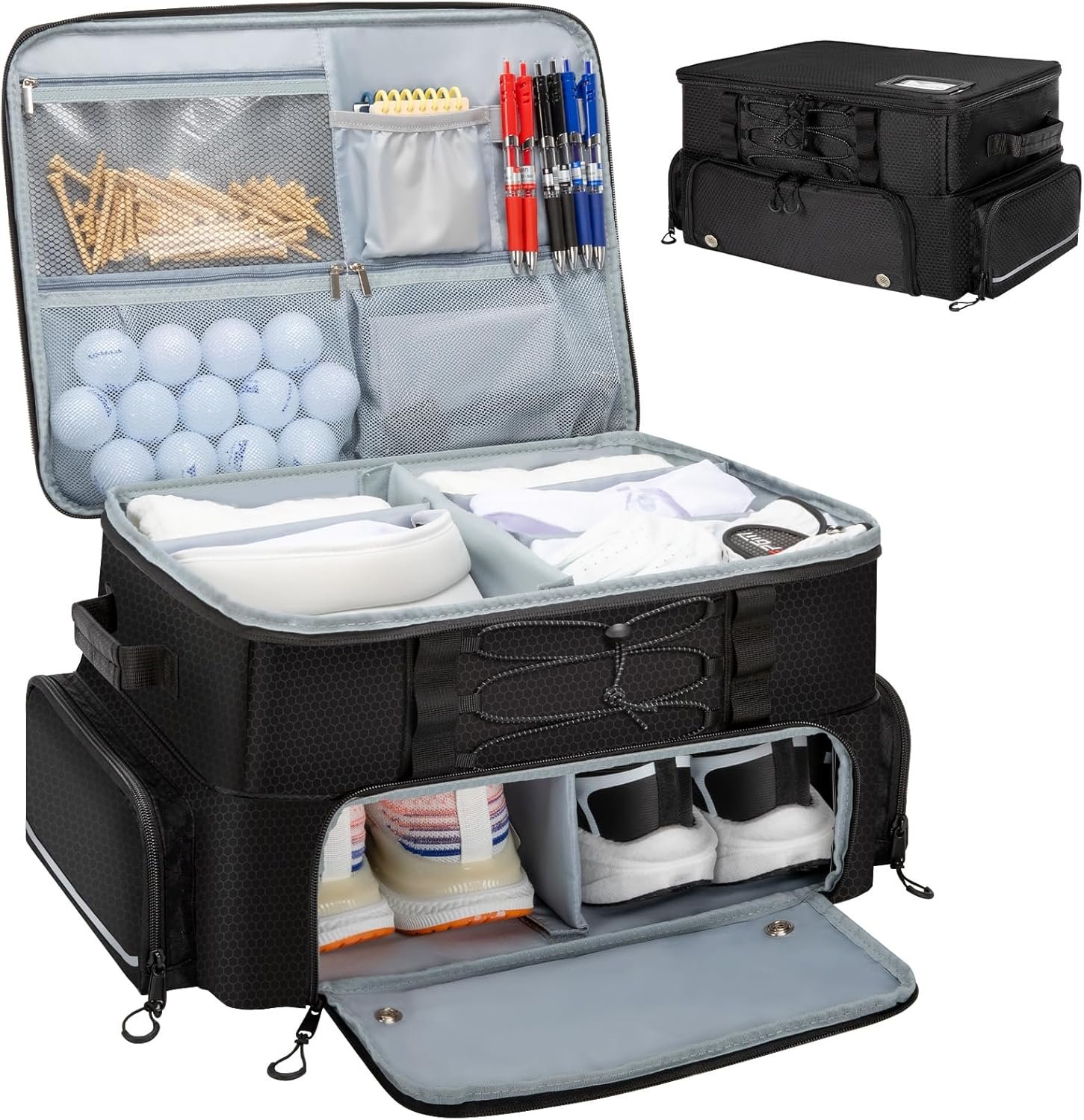 Golf Trunk Organizer, 2 Layer Car Golf Locker with Separate Ventilated Compartment for 2 Shoes, Golf Storage Bag for Golfs Balls, Tees, Glove, Accessories, Black