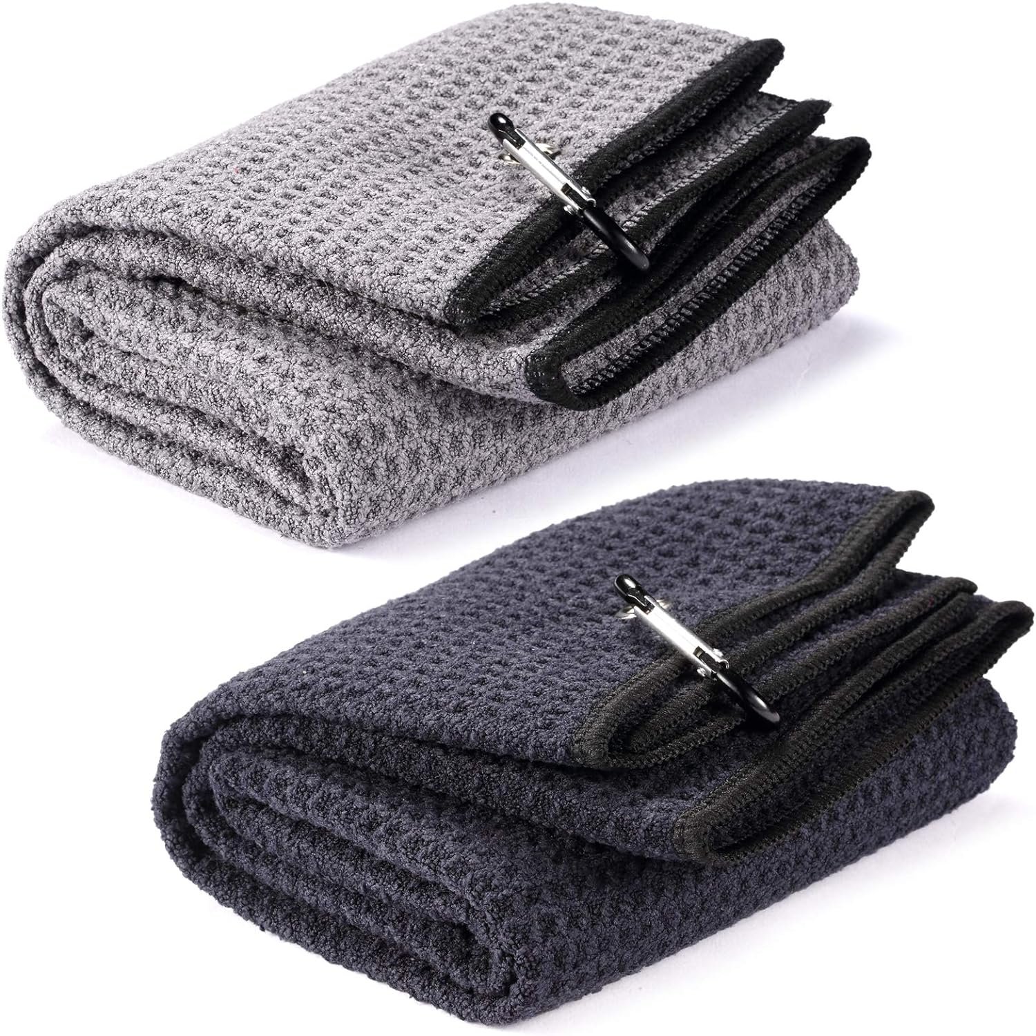 2 Pack 16″ x 24″ Tri-fold Golf Towel Set, Microfiber Fabric Waffle Pattern Towels, Heavy Duty Carabiner Clip (2 Pcs, 2 Colors)