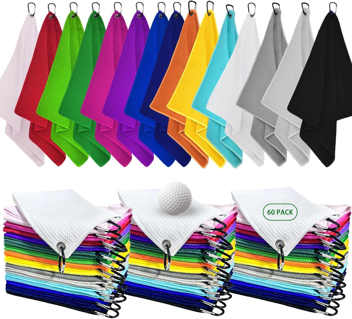 YOUKE OLA 60 Pack Golf Towels(16″ X 16″) with Carabiner Clip, Microfiber Waffle Pattern Towels for Golf Bags, Club, Yoga, Fitness (Colorful)