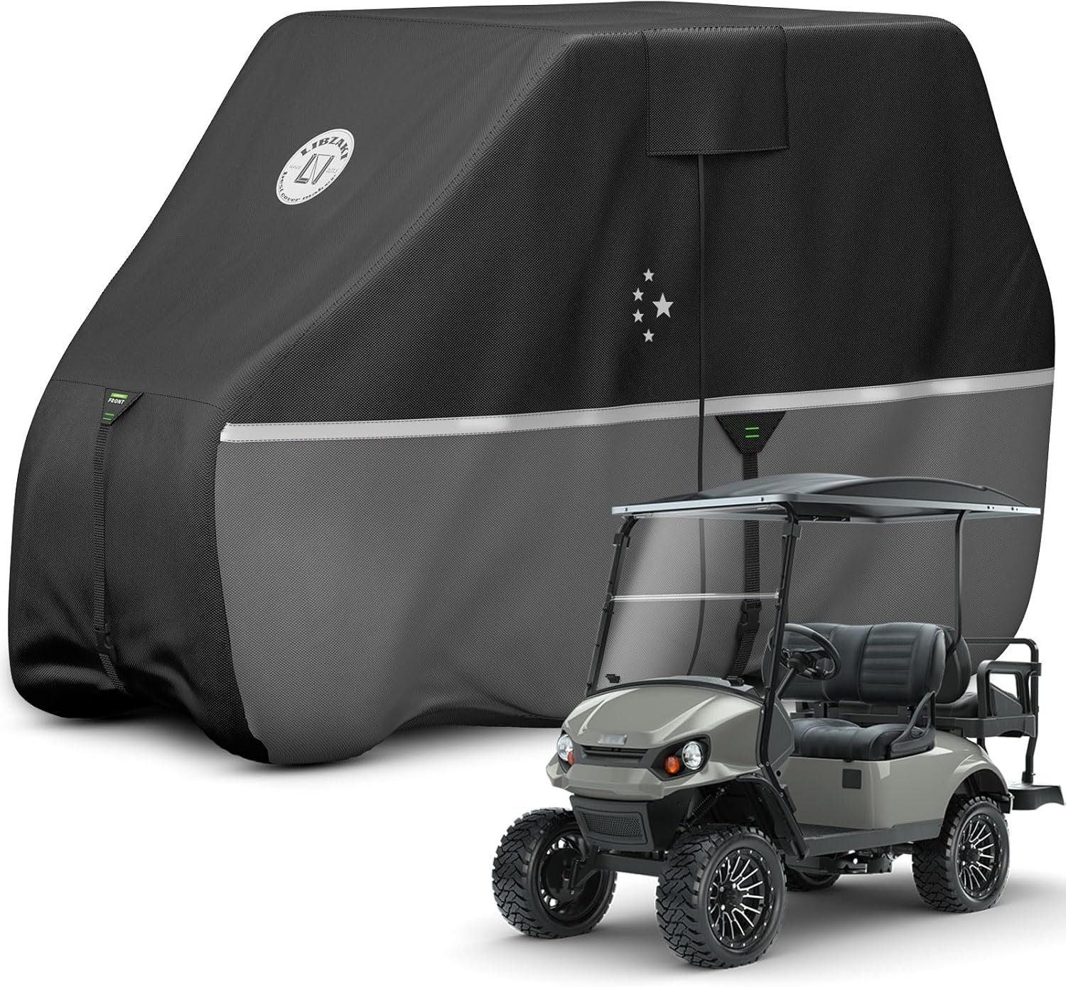 Waterproof Golf Cart Cover, 420D Heavy Duty Marine Grade Fabric, Universal Fits for Most Brand 4+2 Passengers Yamaha, Club Car, EZGO Golf Cart -Black/Gray-XL