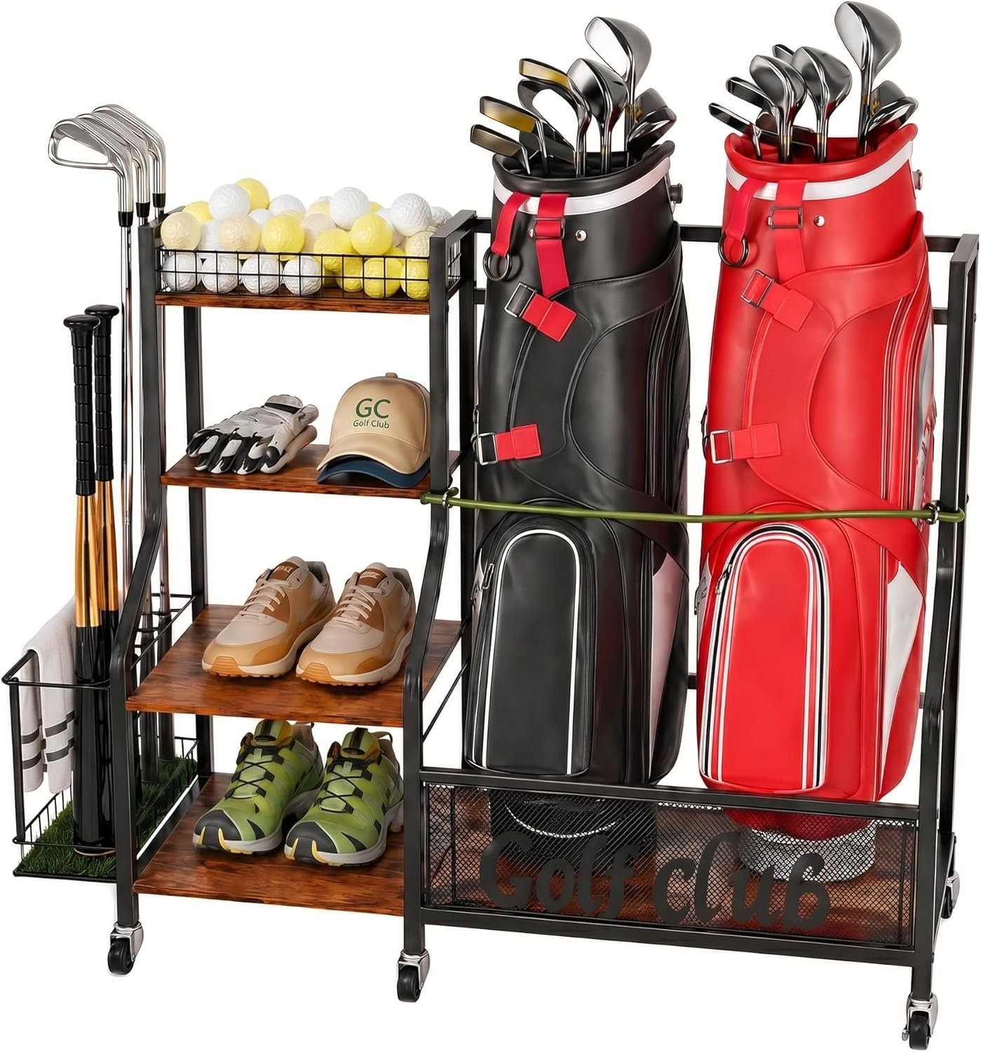 HavenlyYouth Golf Bag Storage Organizer for Garage – Fits 2 Bags, 360° Swivel Wheels, Wood Shelves, Anti-Tip Straps