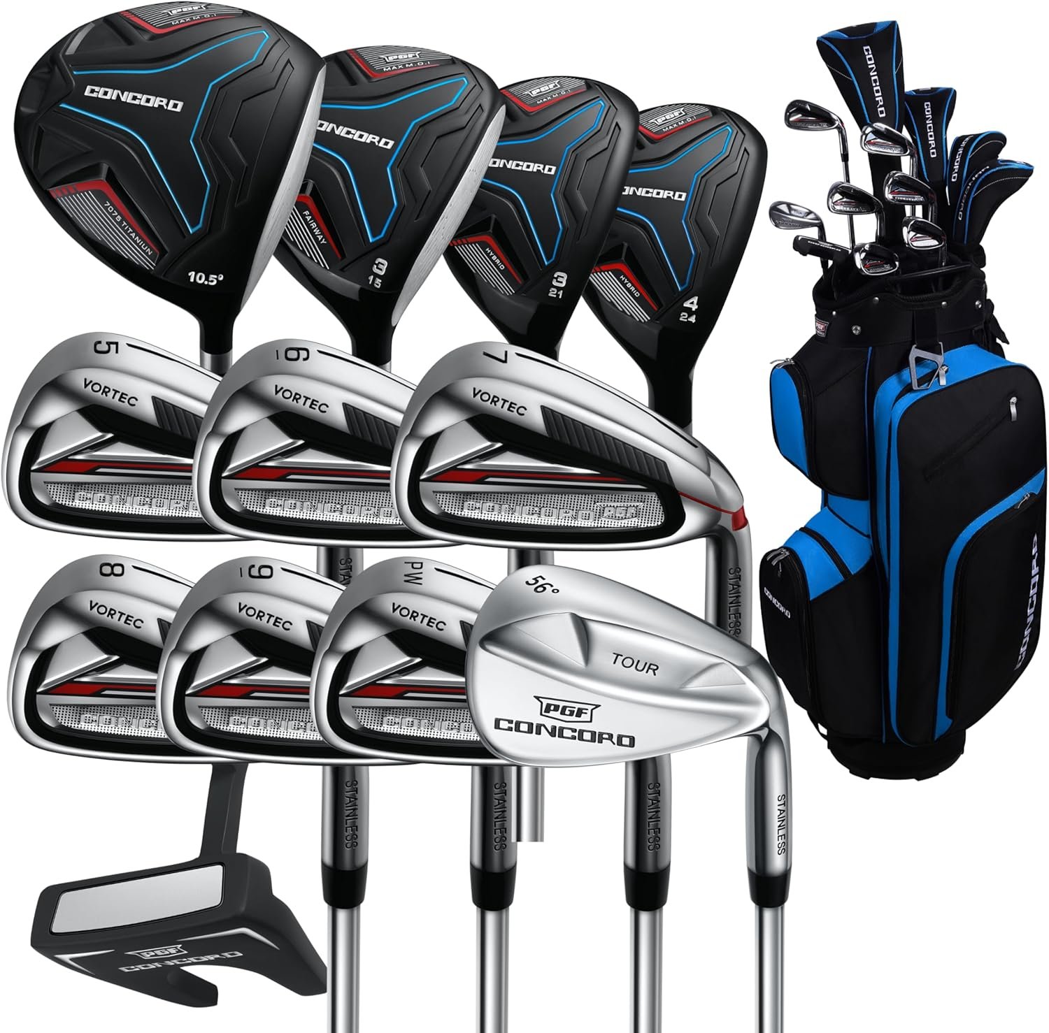 PGF Golf Men’s/Lady’s Concord Complete Golf Club Package Set [17-Pieces] [Flex: Regular/Ladies]