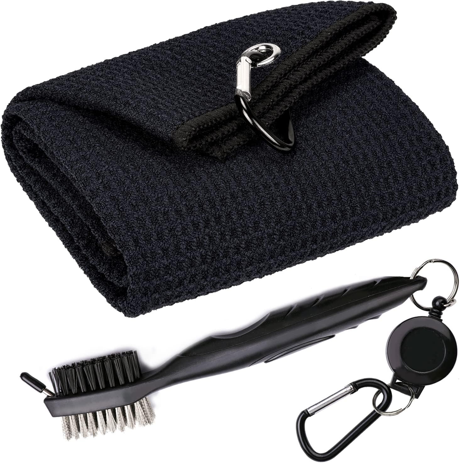 Golf Towels, Microfiber Waffle Pattern Tri-fold Golf Towel – Brush Tool Kit with Club Groove Cleaner, with Clip Men Women Golf Gifts (Black Towel+Black Brush)