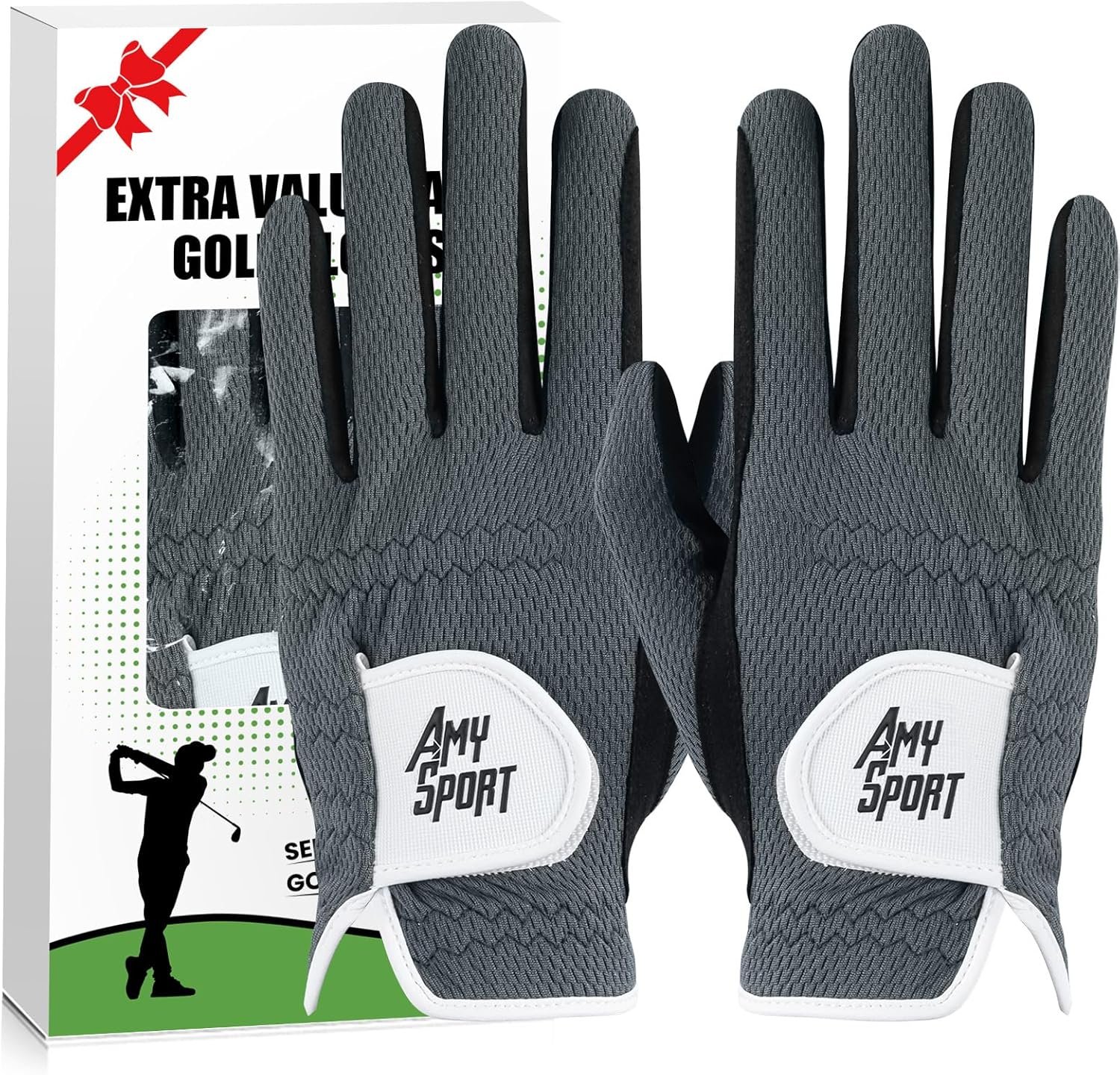 Amy Sport Golf Gloves Men Pair Left and Right Both Hand Rain Grip Lh Rh Weathersof No Sweat All Weather Grips Soft Comfortable Gray Green Size Small Medium ML Large XL