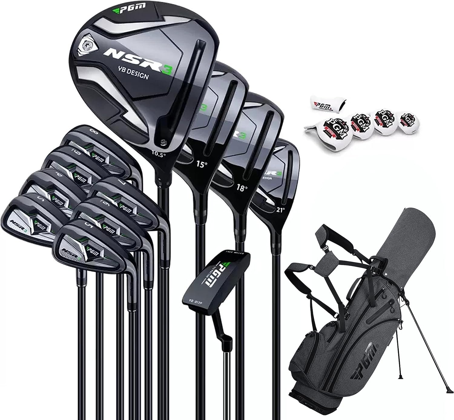 PGM NSR III 18 Piece Men’s Complete Golf Club Sets – Adjustable Loft Titanium 460cc Driver, Low CG Fairway Woods & Hybrid, High-Rebound Stainless Steel Irons, Balanced Putter, with Stand Bag